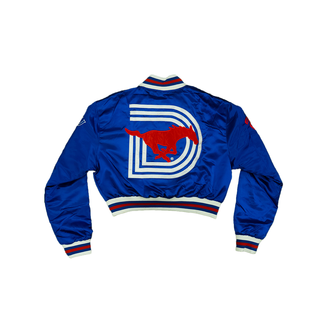 SMU/YK1K WOMENS SATIN CROPPED VARSITY JACKET BLUE PRE ORDER
