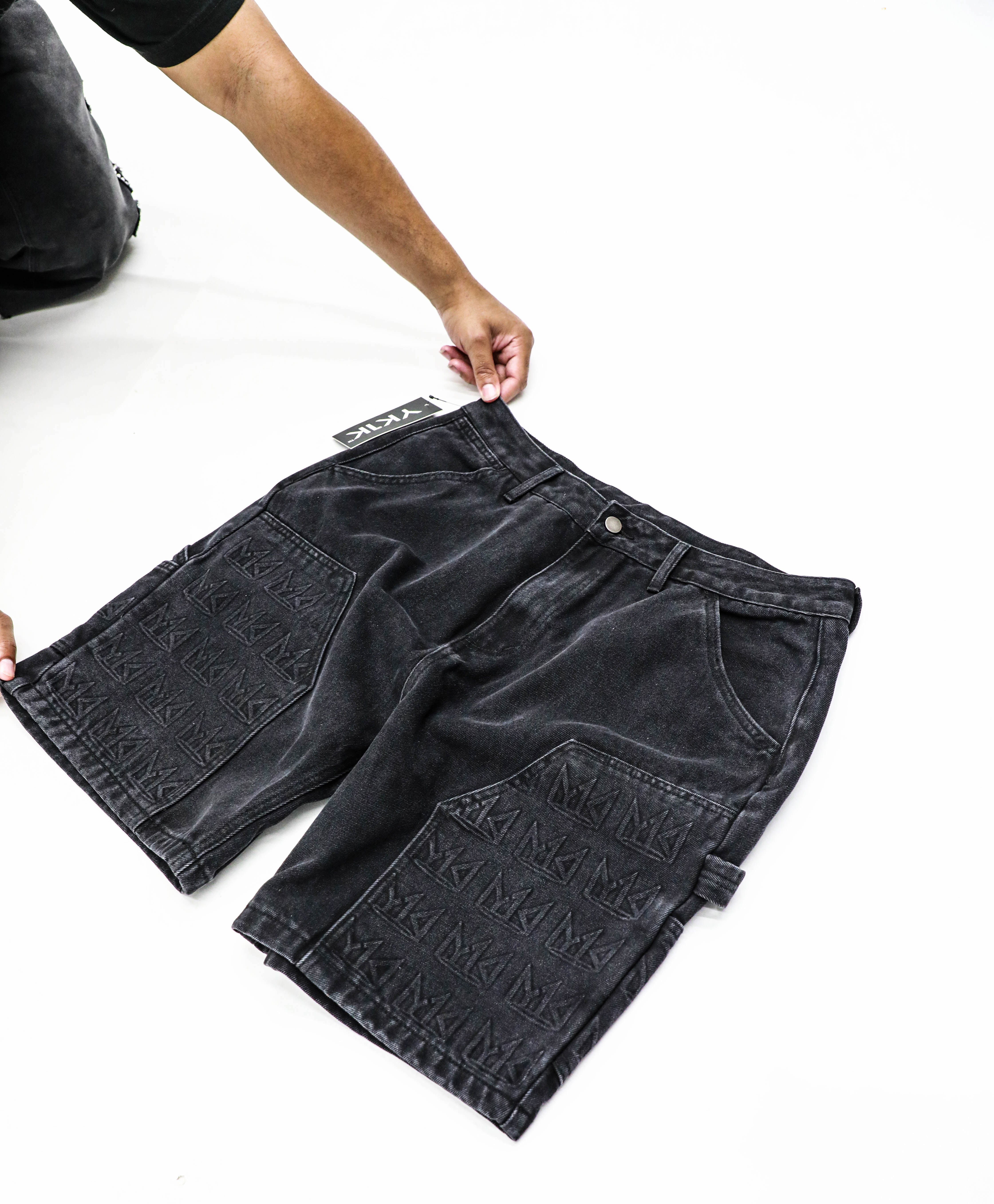 YK1K Embellished Denim Workwear Shorts BLACK