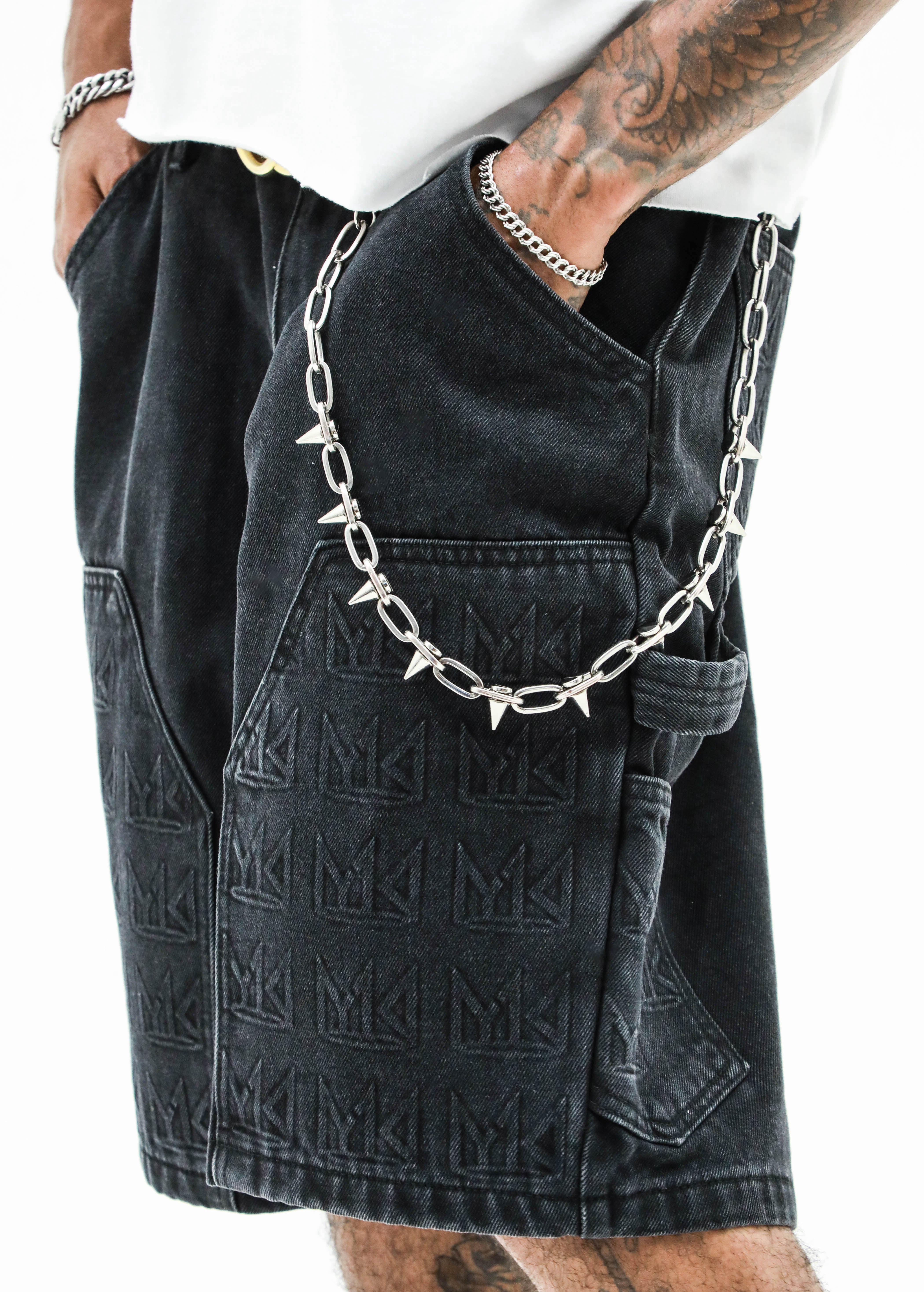 YK1K Embellished Denim Workwear Shorts BLACK
