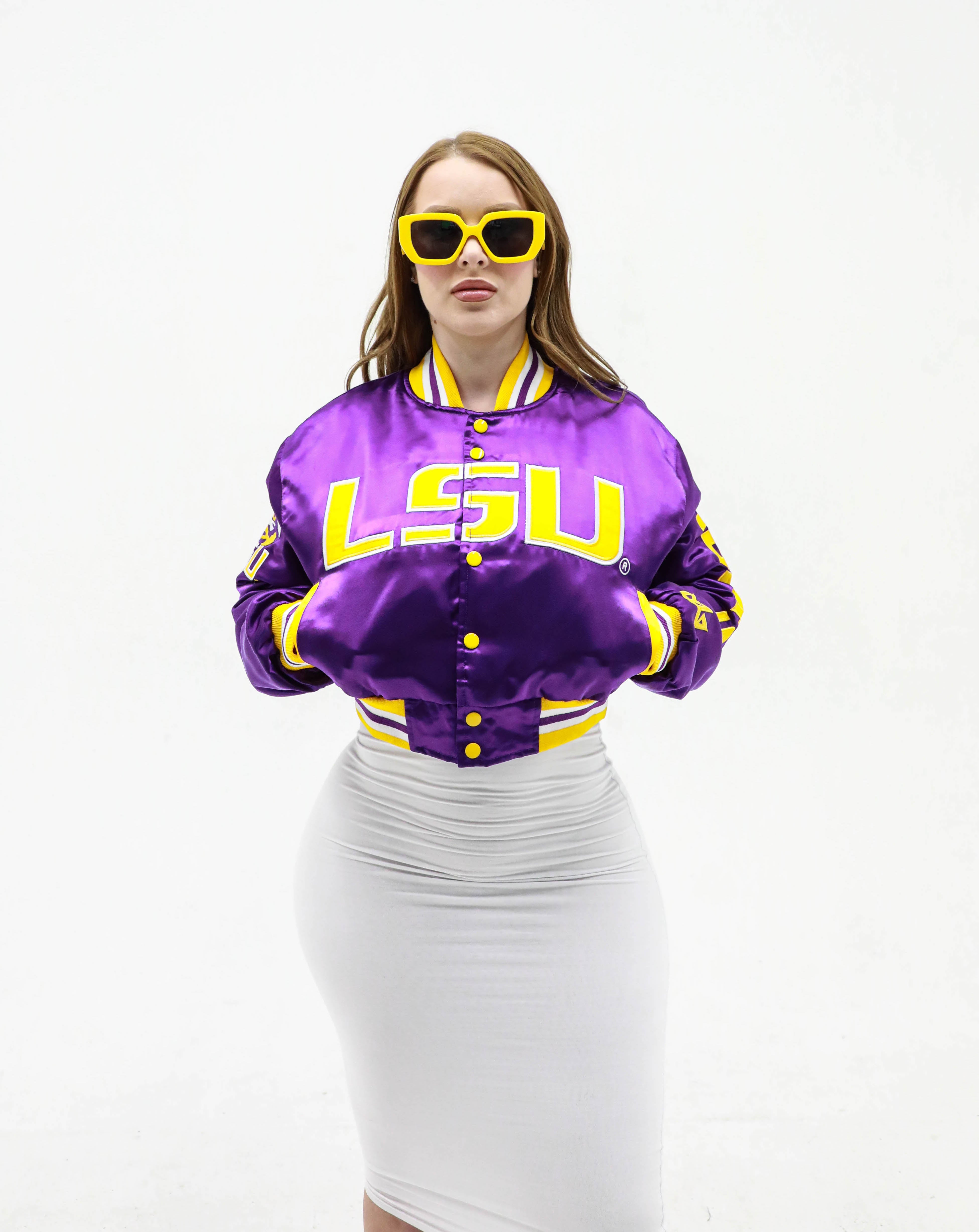 LSU YK1K SATIN VARSITY JACKET PRE-ORDER CROPPED PURPLE