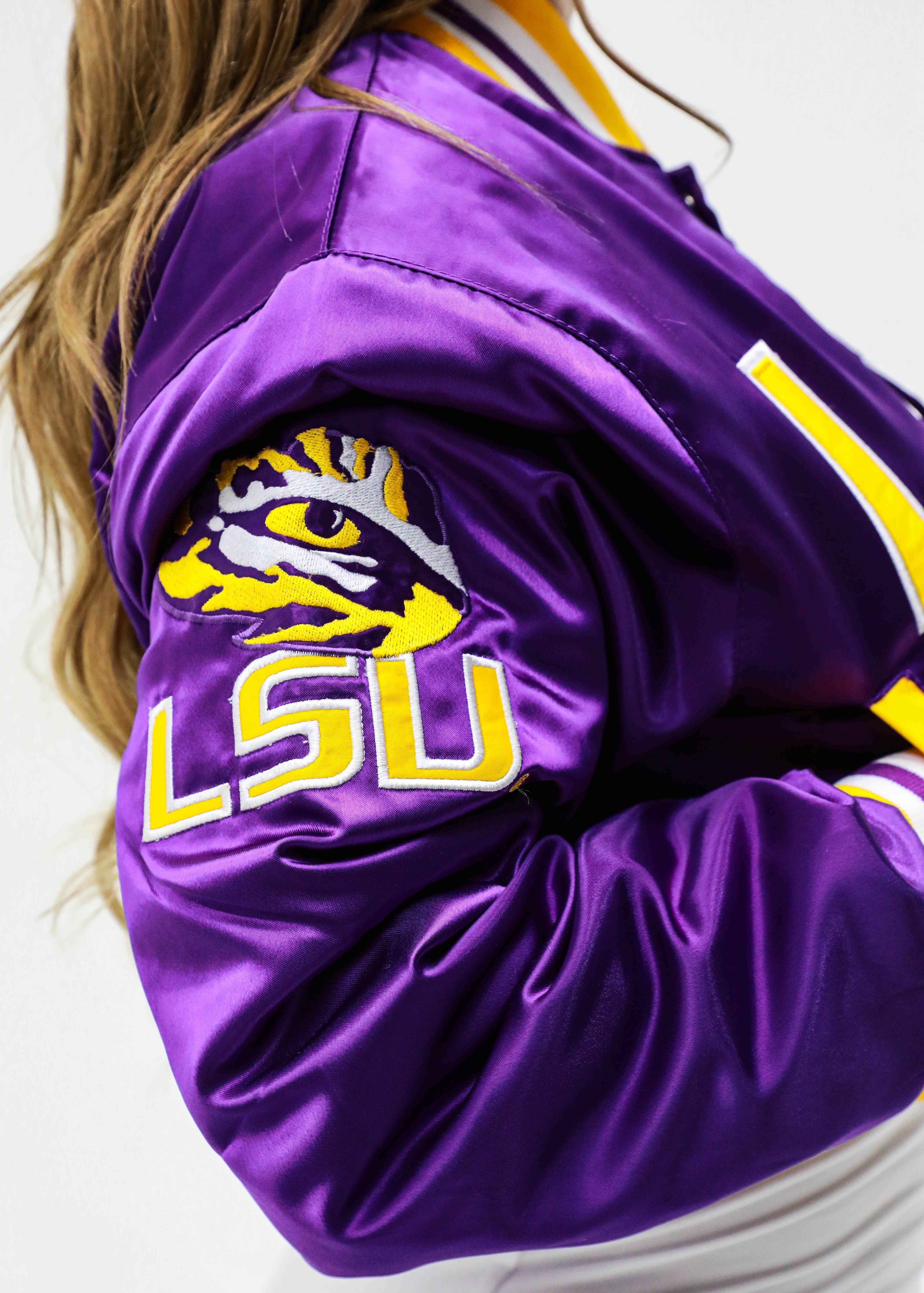LSU YK1K SATIN VARSITY JACKET PRE-ORDER CROPPED PURPLE