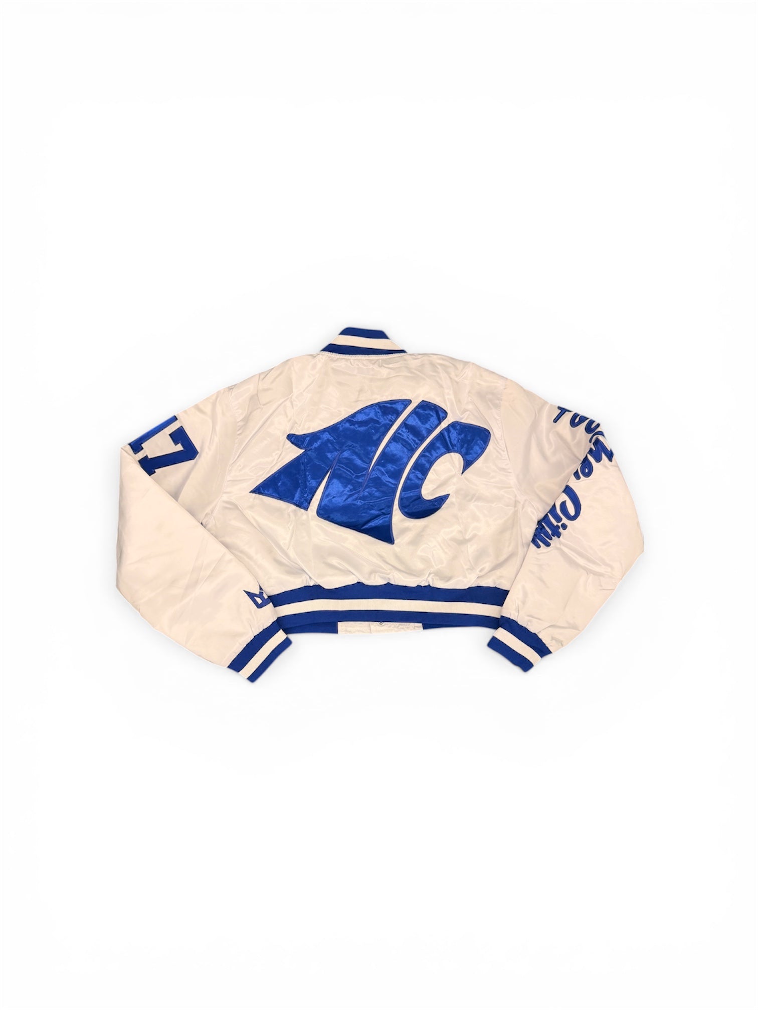 NORTH CROWLEY YK1K SATIN VARSITY JACKET CROPPED WHITE