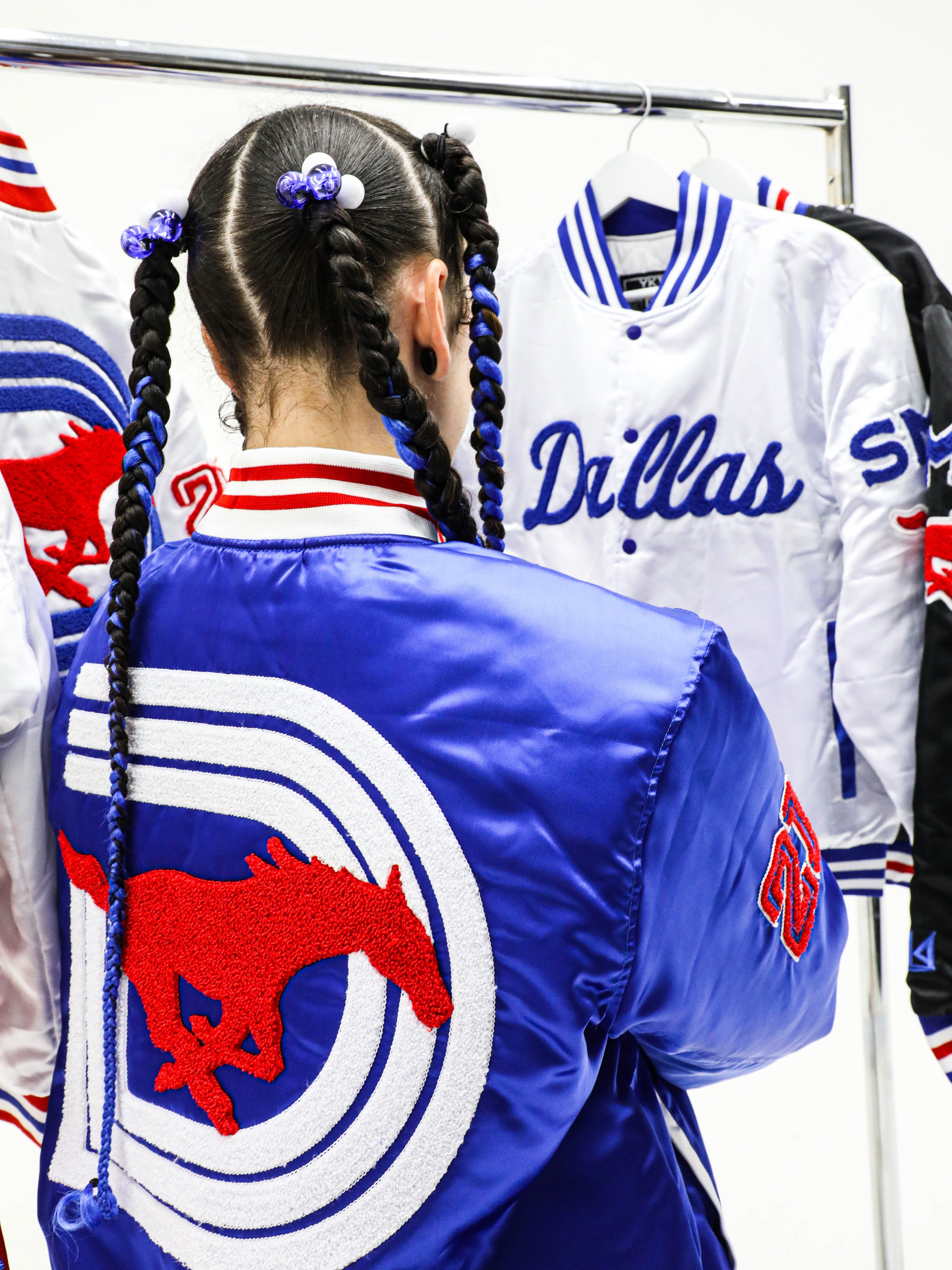 Smu/ YK1K SATIN VARSITY JACKET White with Blue Trim
