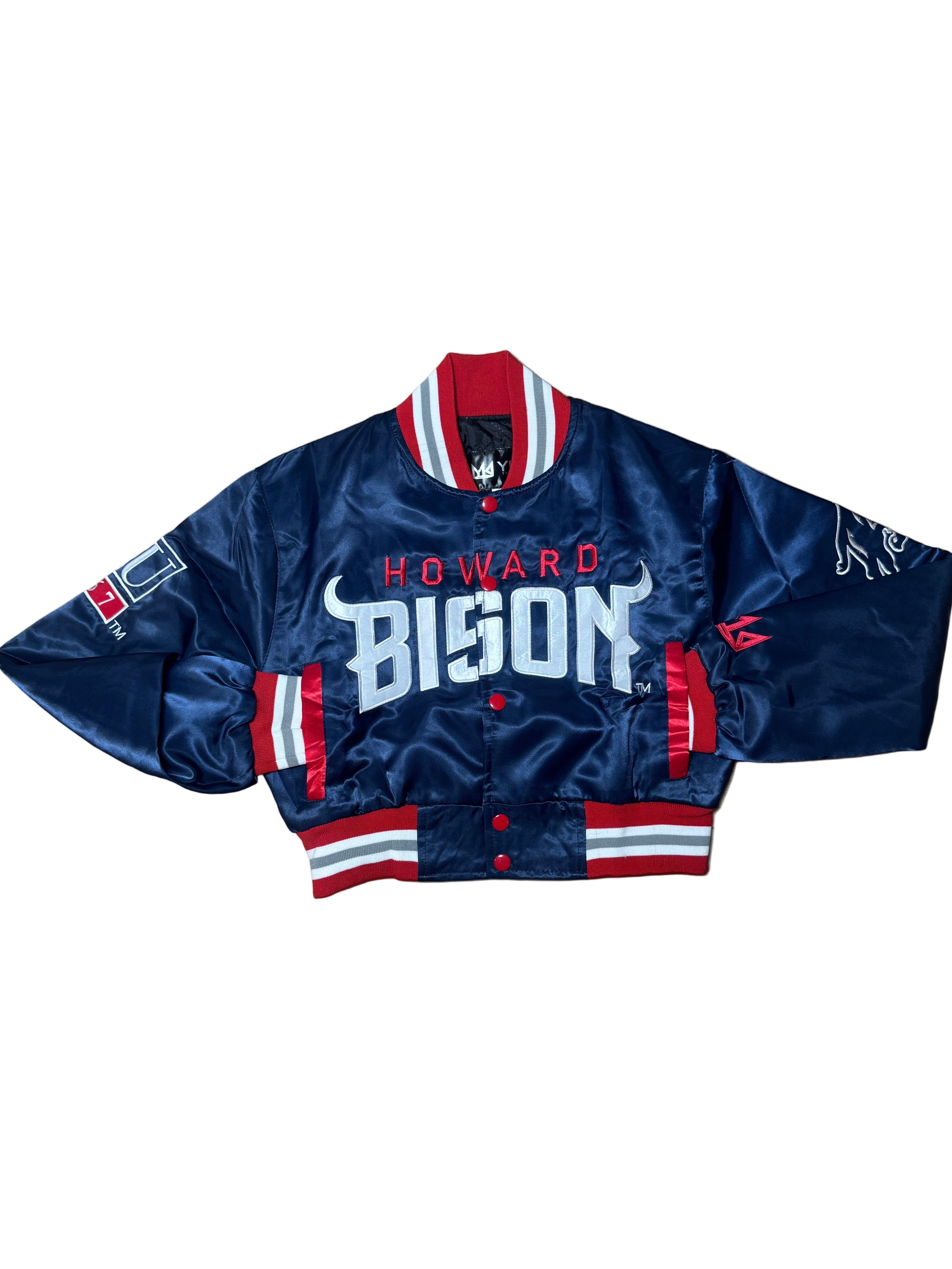 HOWARD YK1K SATIN VARSITY JACKET CROPPED NAVY