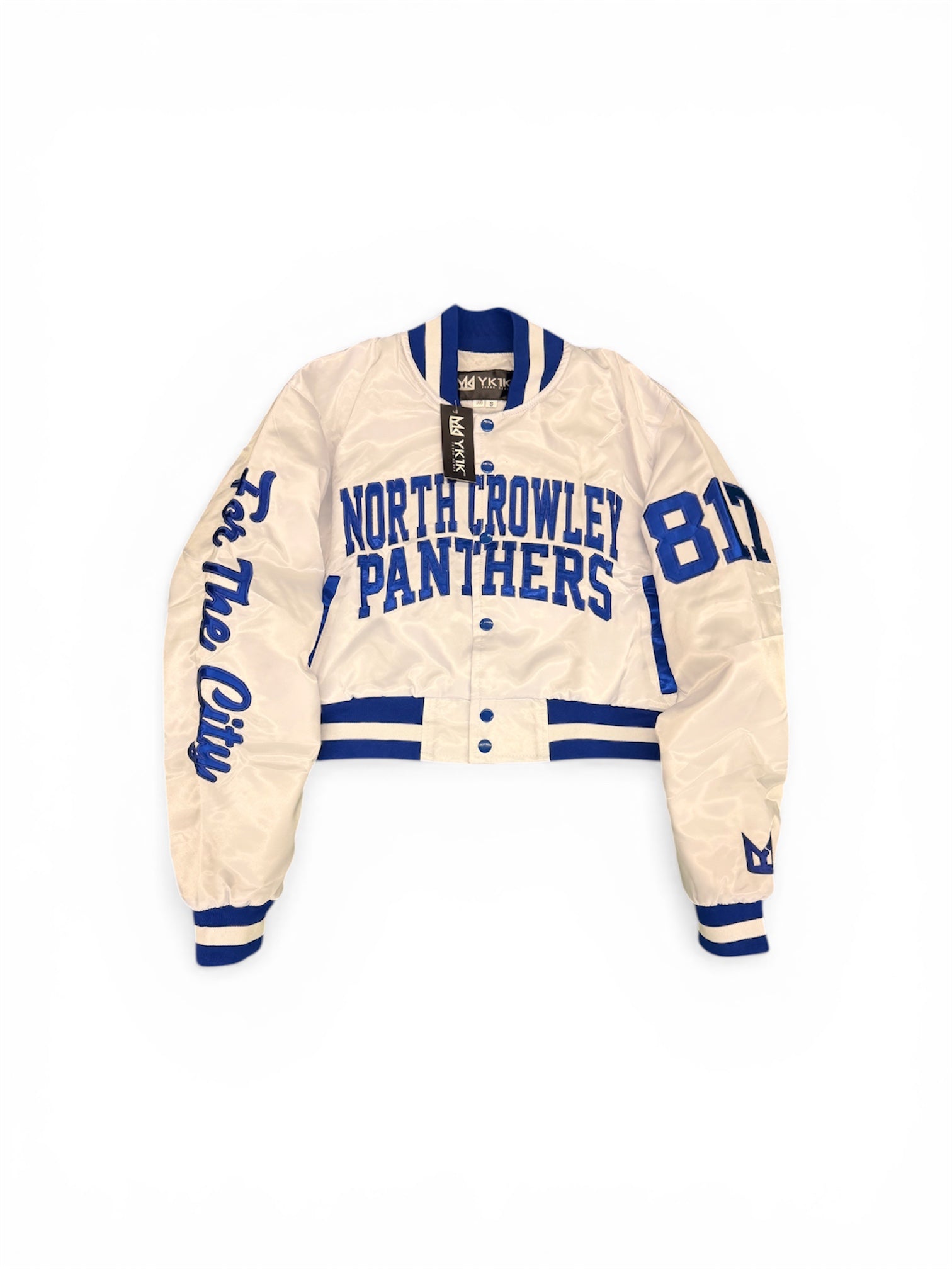 NORTH CROWLEY YK1K SATIN VARSITY JACKET CROPPED WHITE