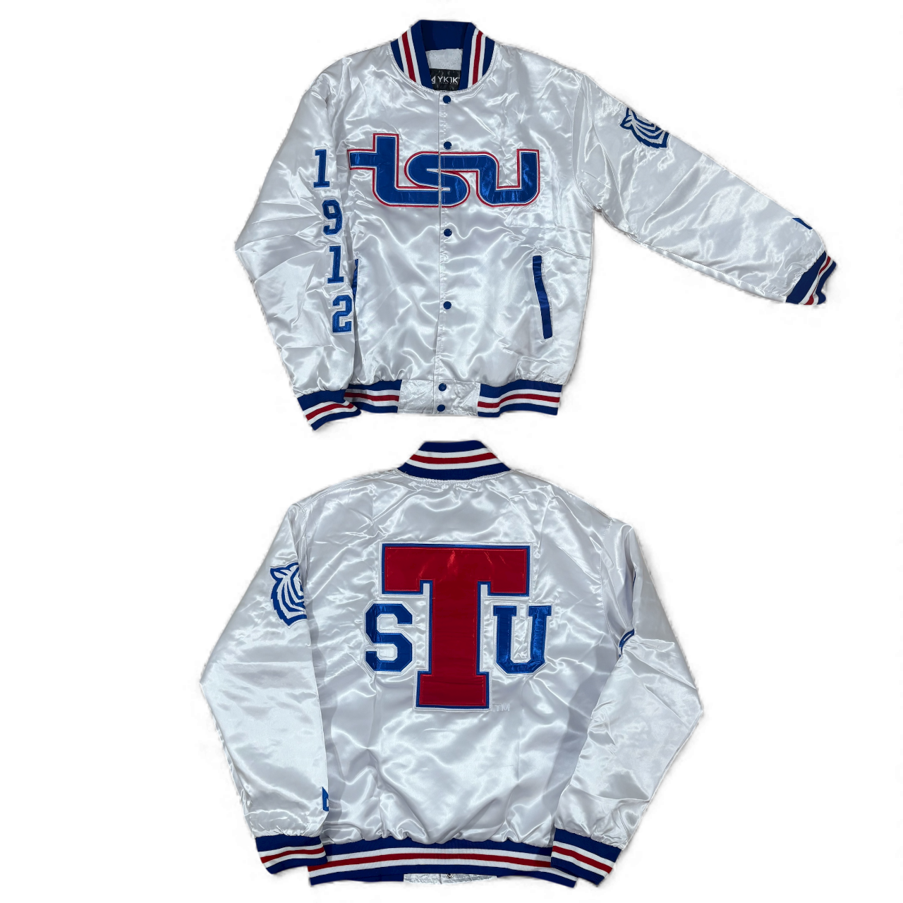 TSU/YK1K SATIN VARSITY JACKET WHITE