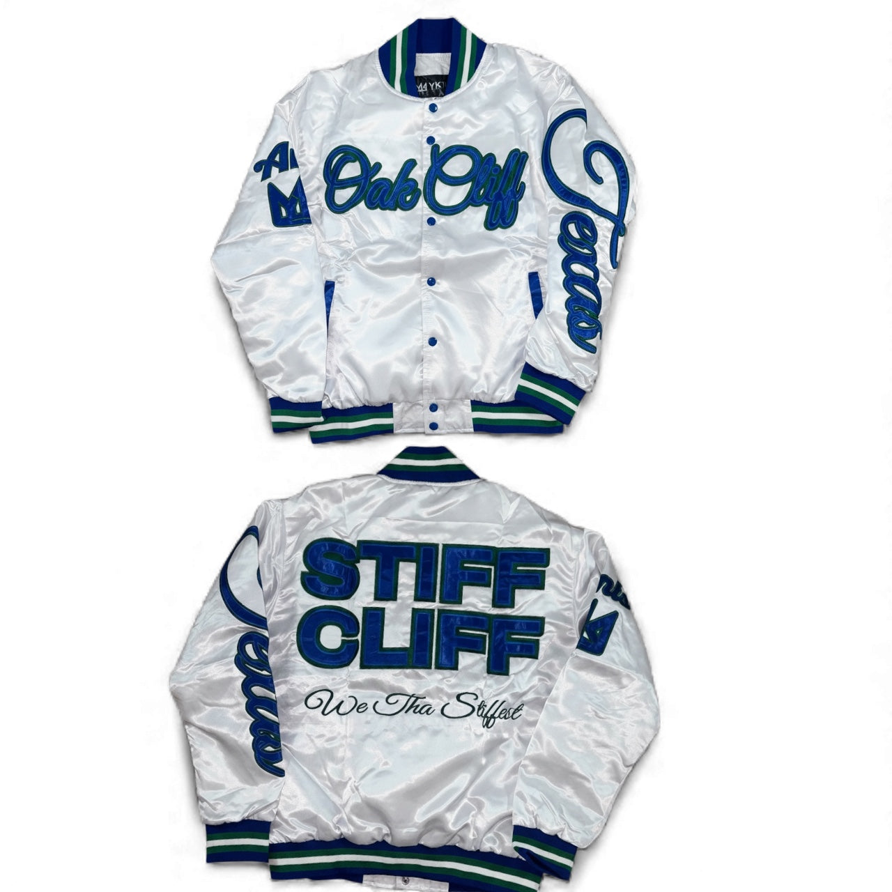 OAK CLIFF SATIN VARSITY JACKET WHITE OAK CLIFF SATIN VARSITY JACKET WHITE