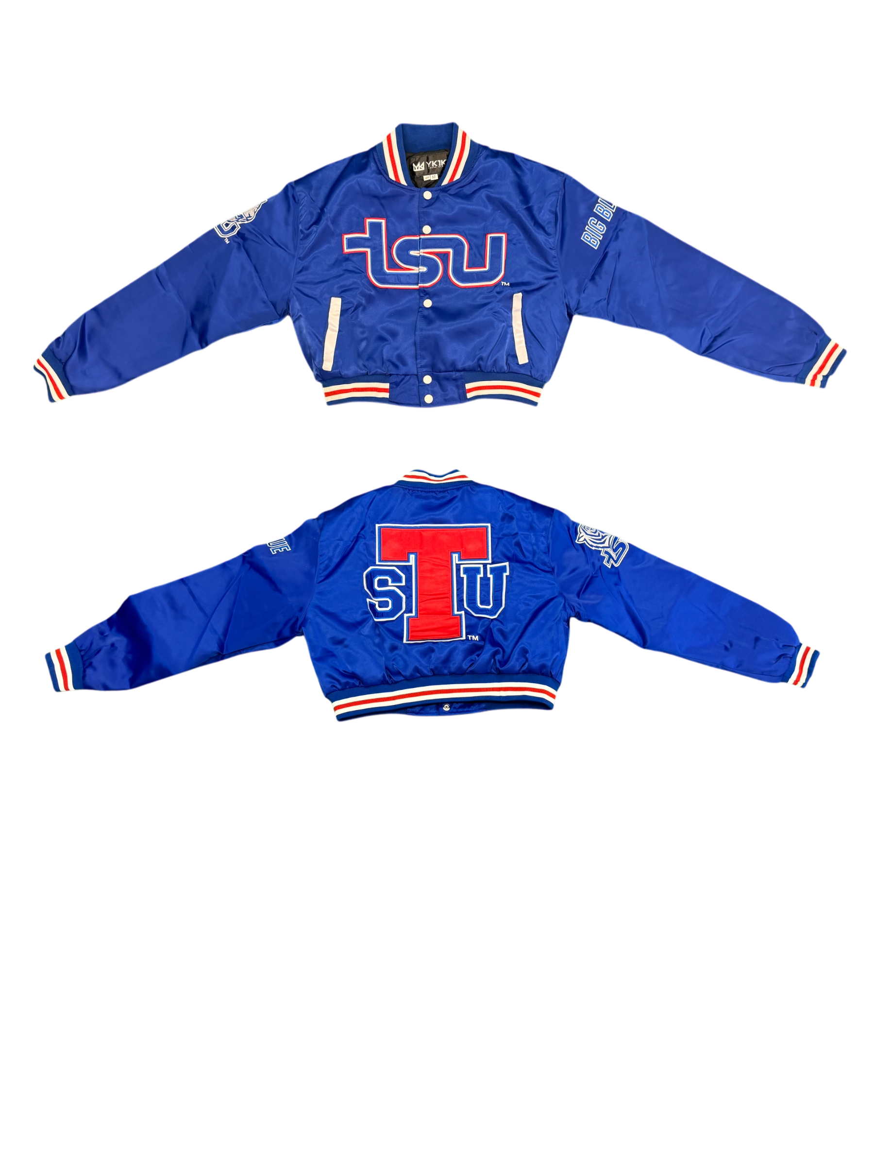 Tsu YK1K SATIN VARSITY JACKET CROPPED Blue