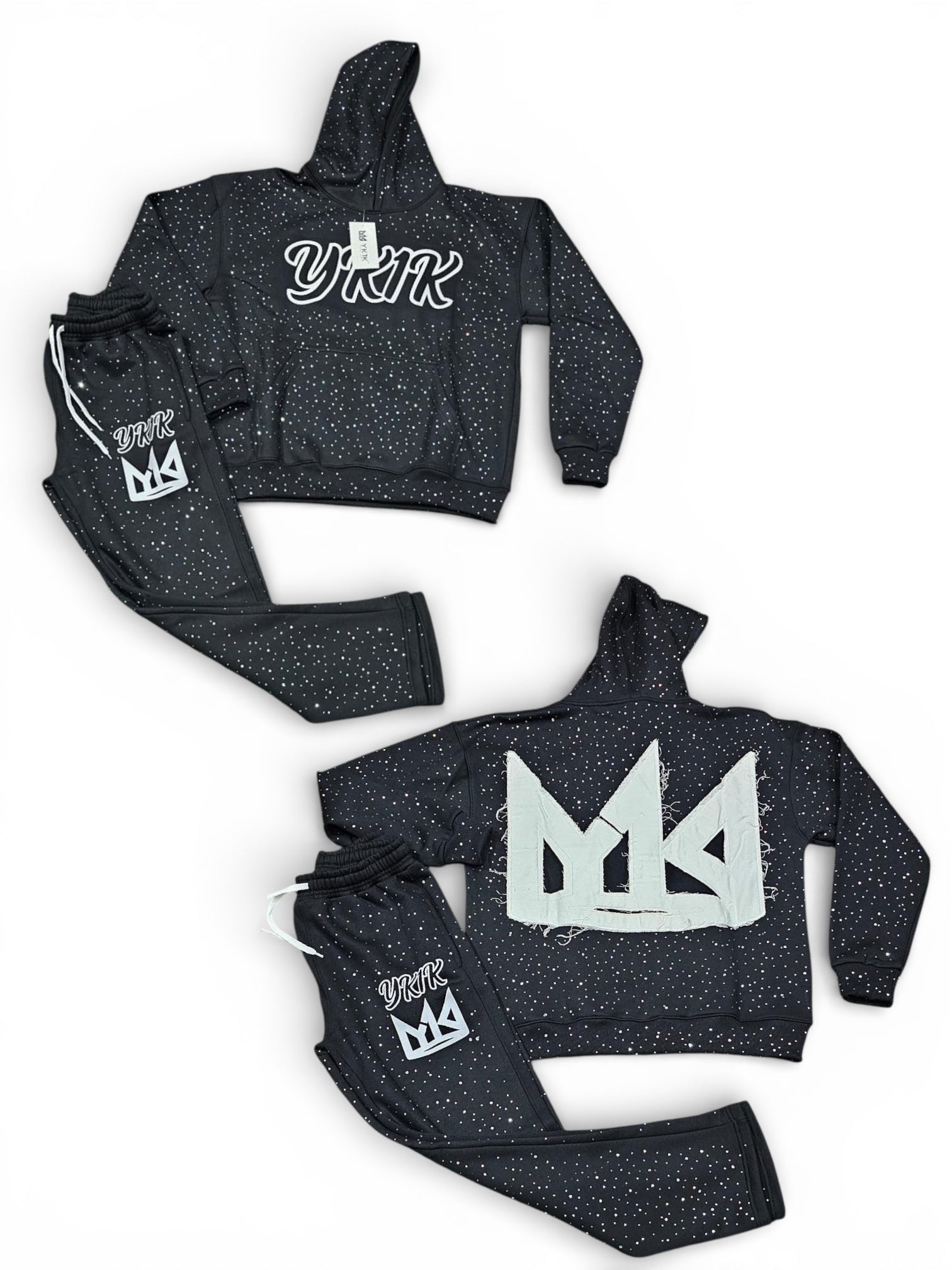 YK1K WINTER 26 OVERSIZED HOODIE STACKED PANTS SWEATSUIT BLACK Bedizzed