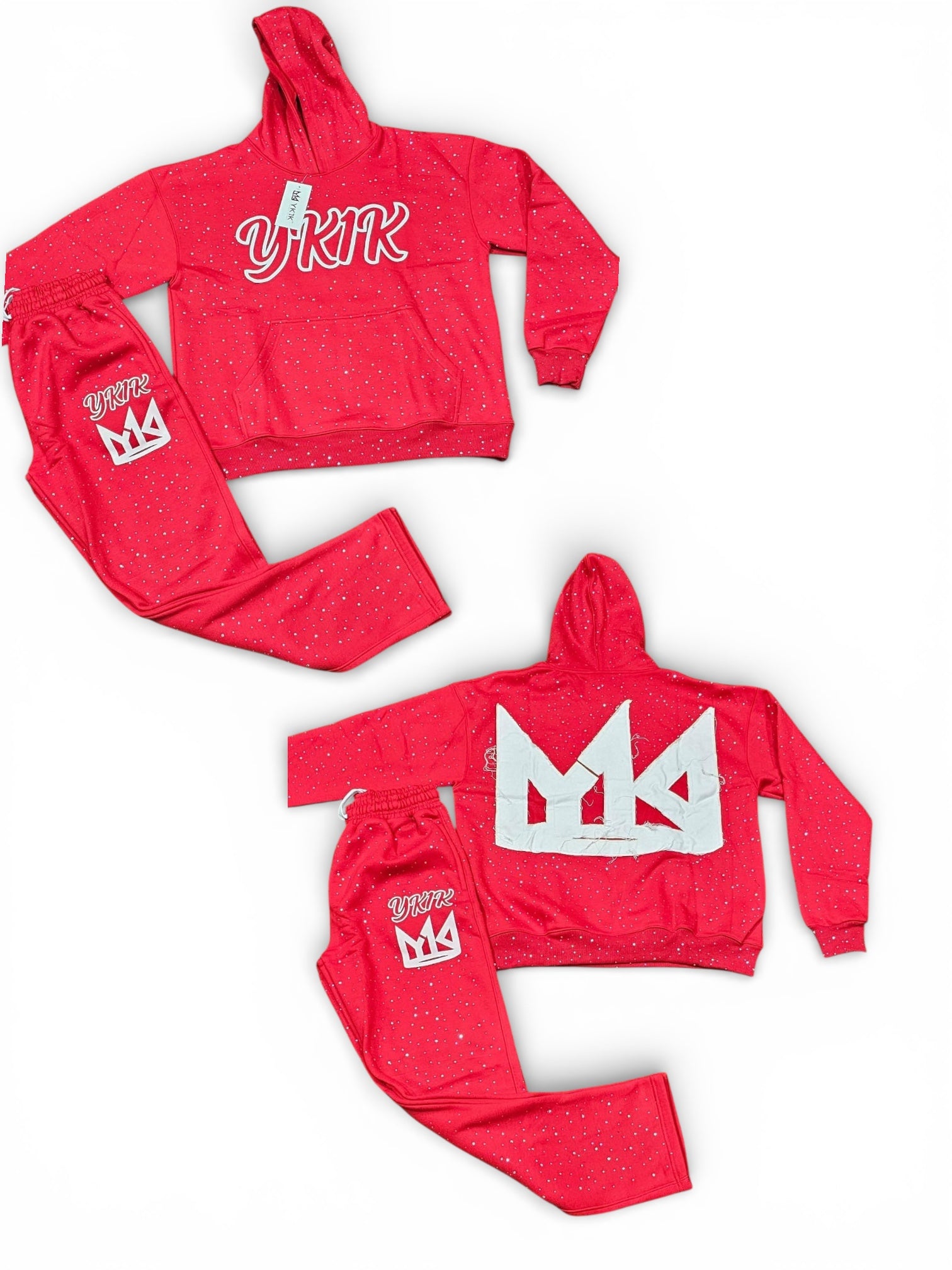 YK1K WINTER 26 OVERSIZED HOODIE STACKED PANTS SWEATSUIT RED Bedizzed