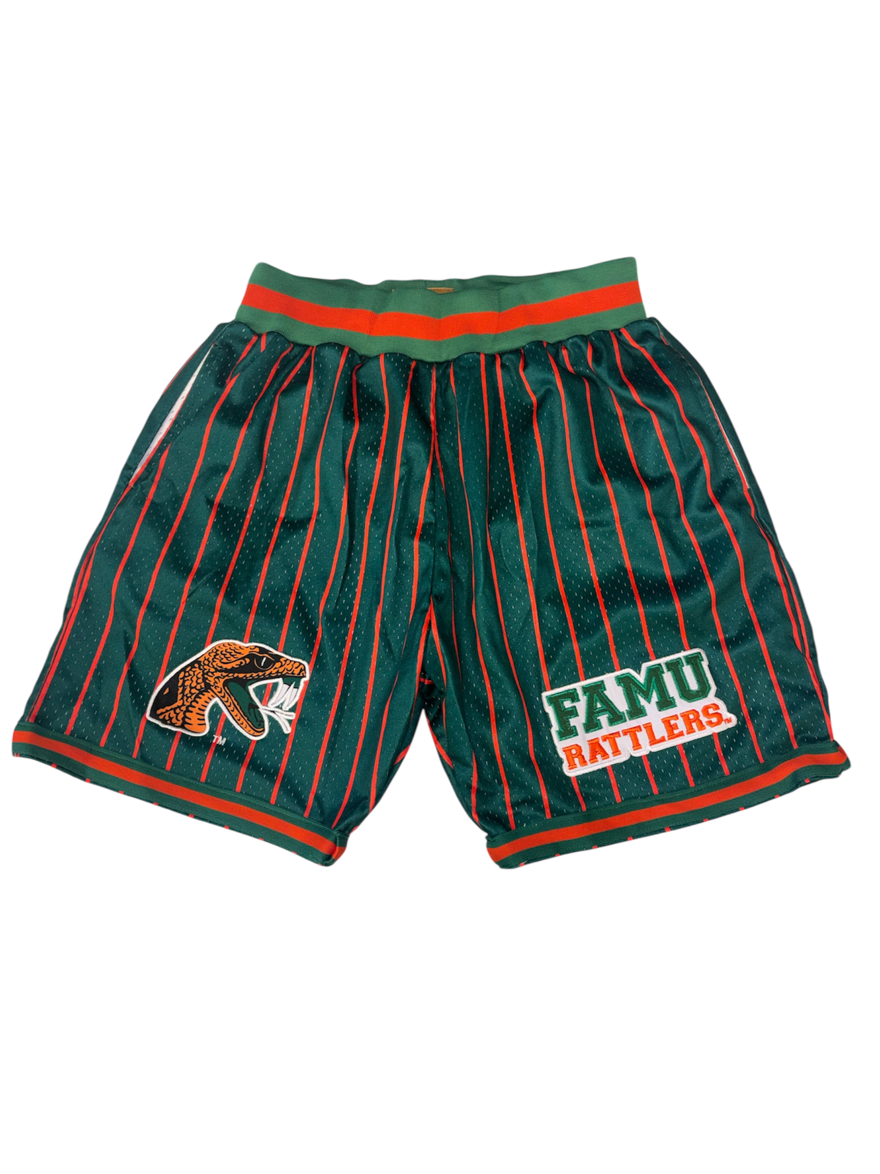 GREEN FAMU BASKETBALL SHORTS WITH ORANGE PINSTRIPES