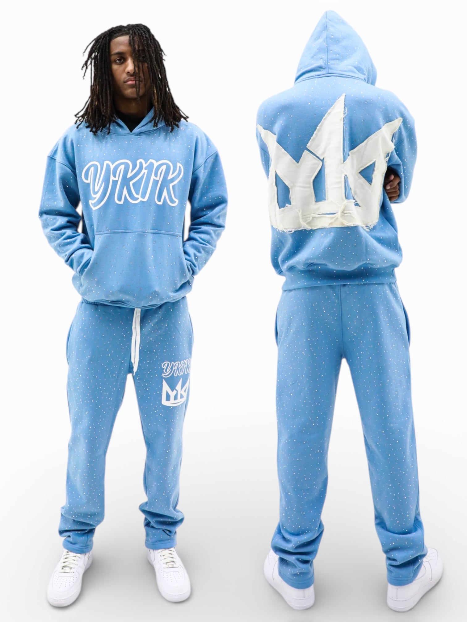 YK1K WINTER 26 OVERSIZED HOODIE STACKED PANTS SWEATSUIT BLUE Bedizzed