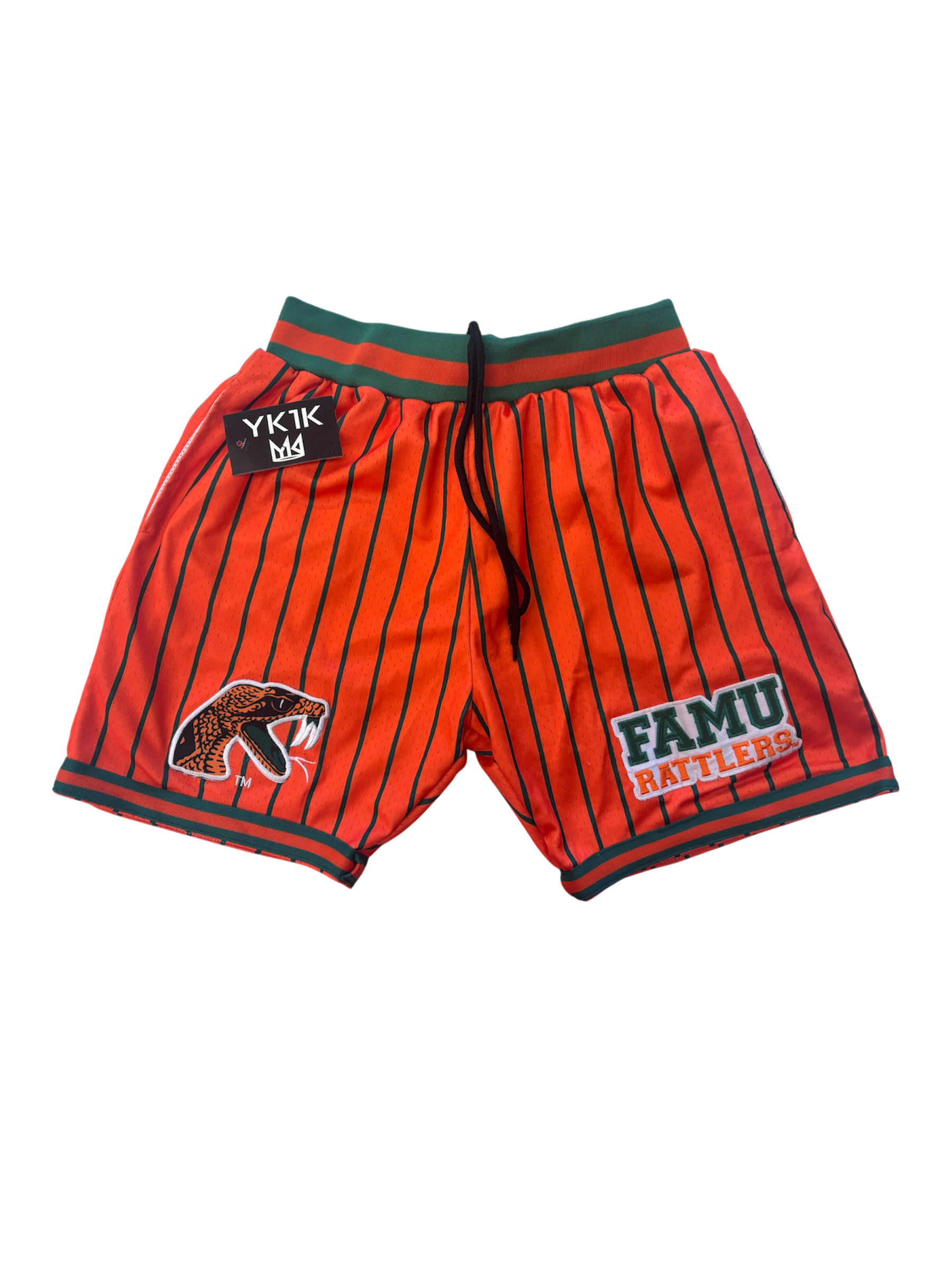 FAMU BASKETBALL SHORTS ORANGE GREEN PINSTRIPES