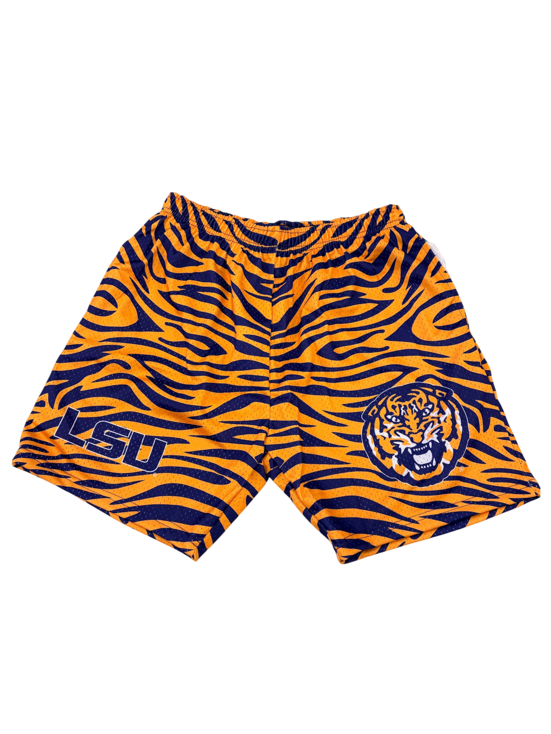 MESH TIGER PRINT LSU BASKETBALL SHORTS PURPLE AND GOLD
