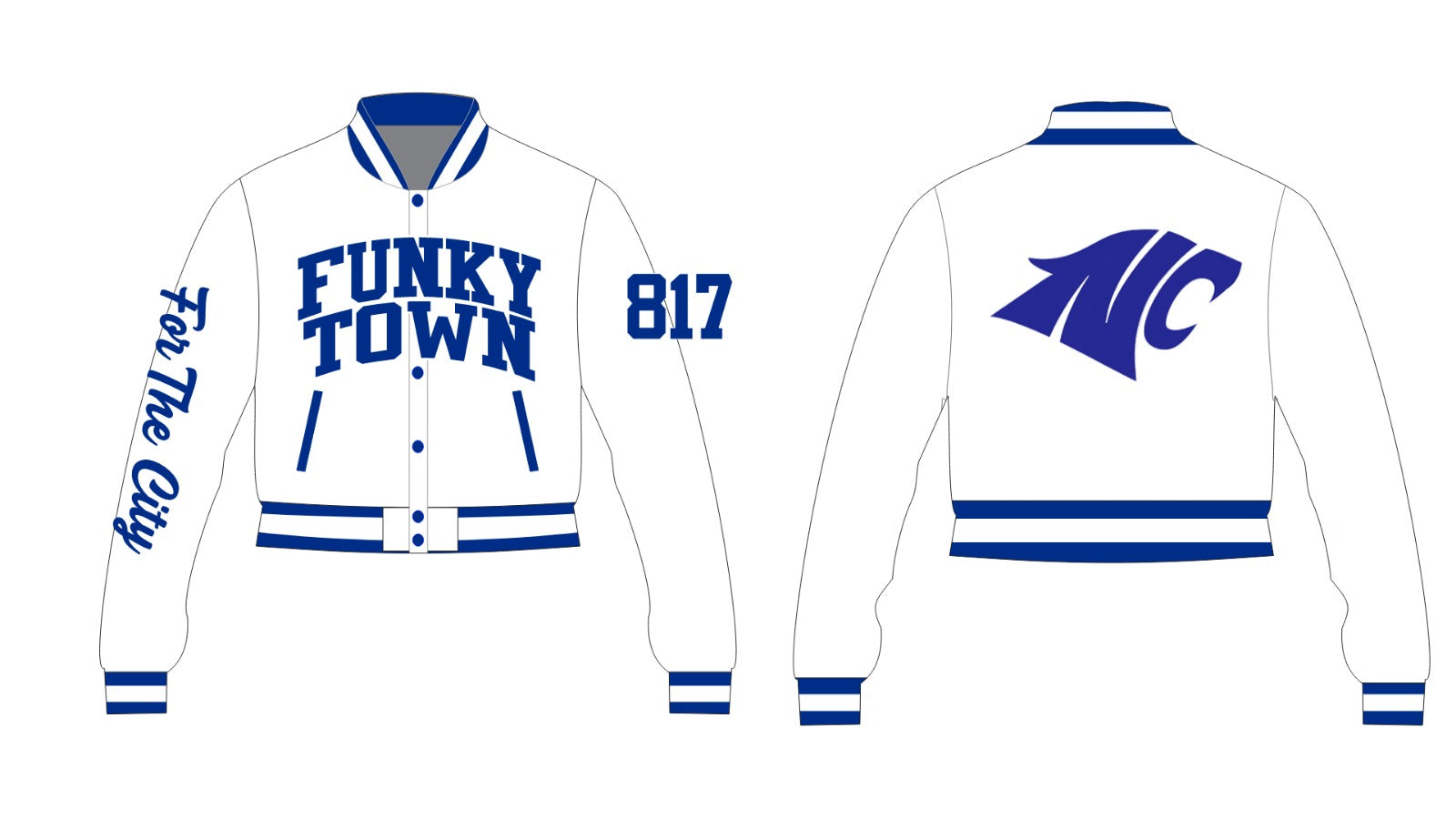 NORTH CROWLEY FUNKY TOWN YK1K SATIN VARSITY JACKET CROPPED WHITE PRE-ORDER