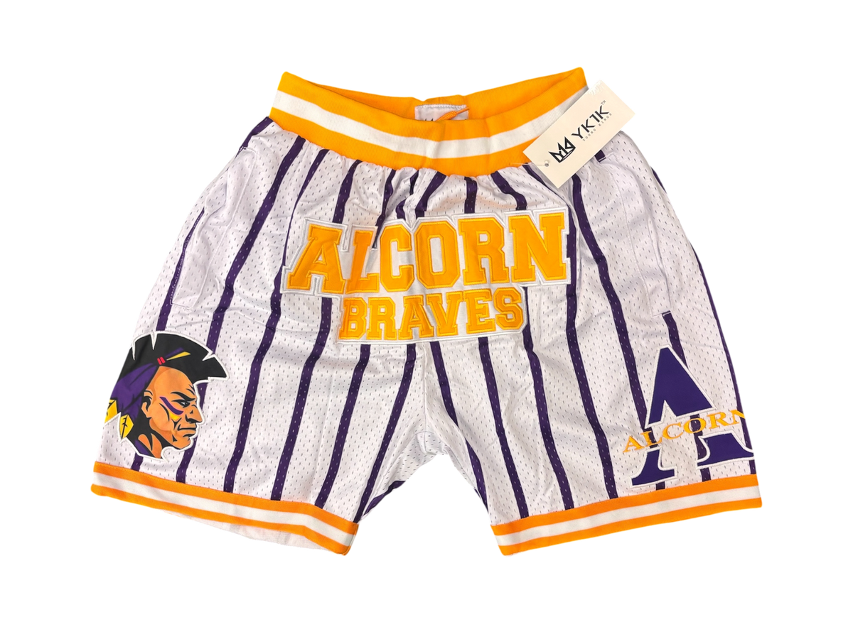 Alcorn BASKETBALL SHORTS White with Purple pinstripes
