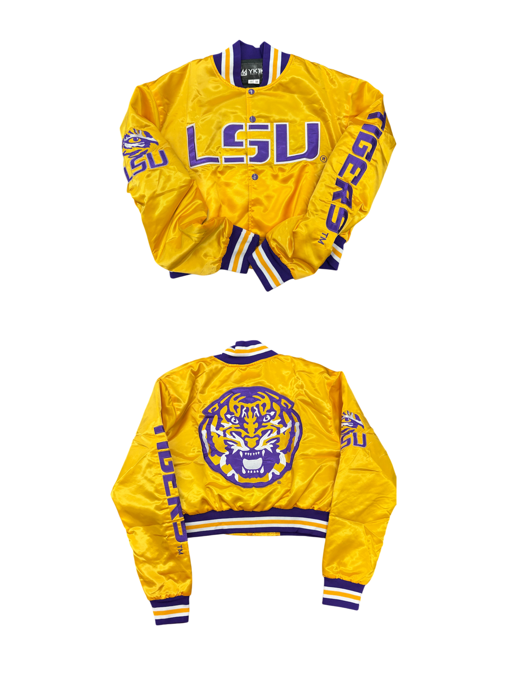 LSU YK1K SATIN VARSITY JACKET CROPPED GOLD PREORDER