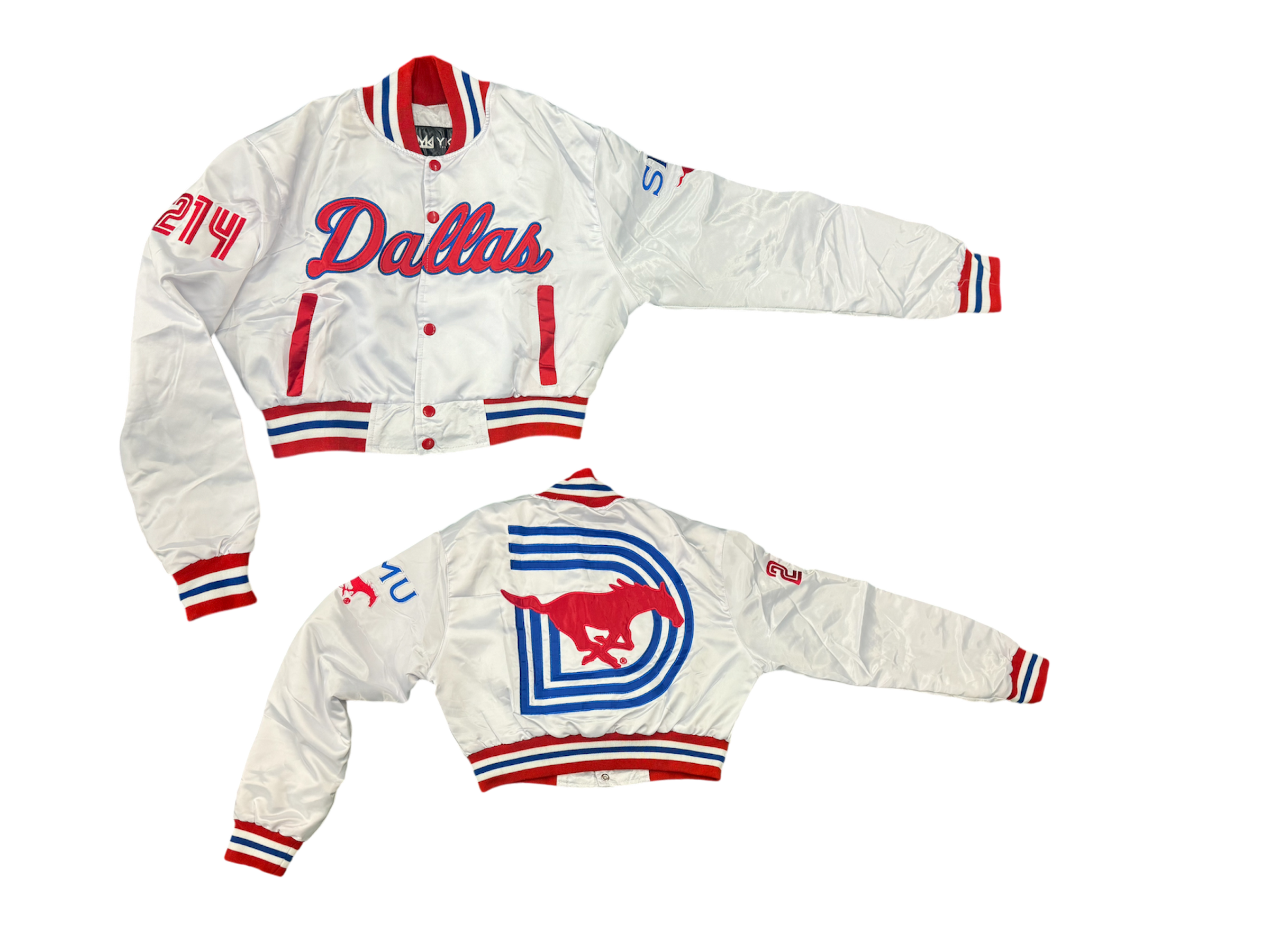 SMU/YK1K WOMENS SATIN CROPPED VARSITY JACKET WHITE
