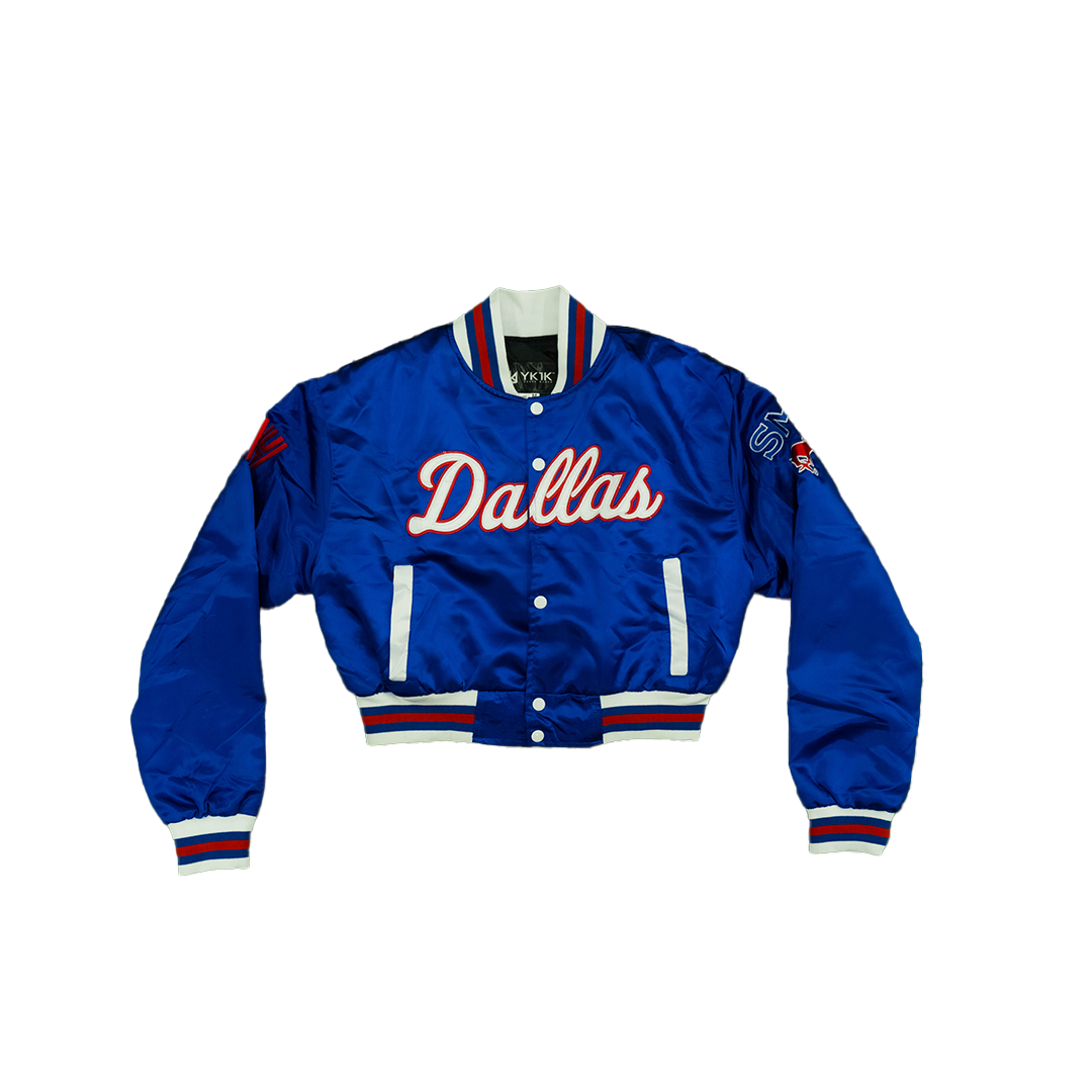 SMU/YK1K WOMENS SATIN CROPPED VARSITY JACKET BLUE PRE ORDER