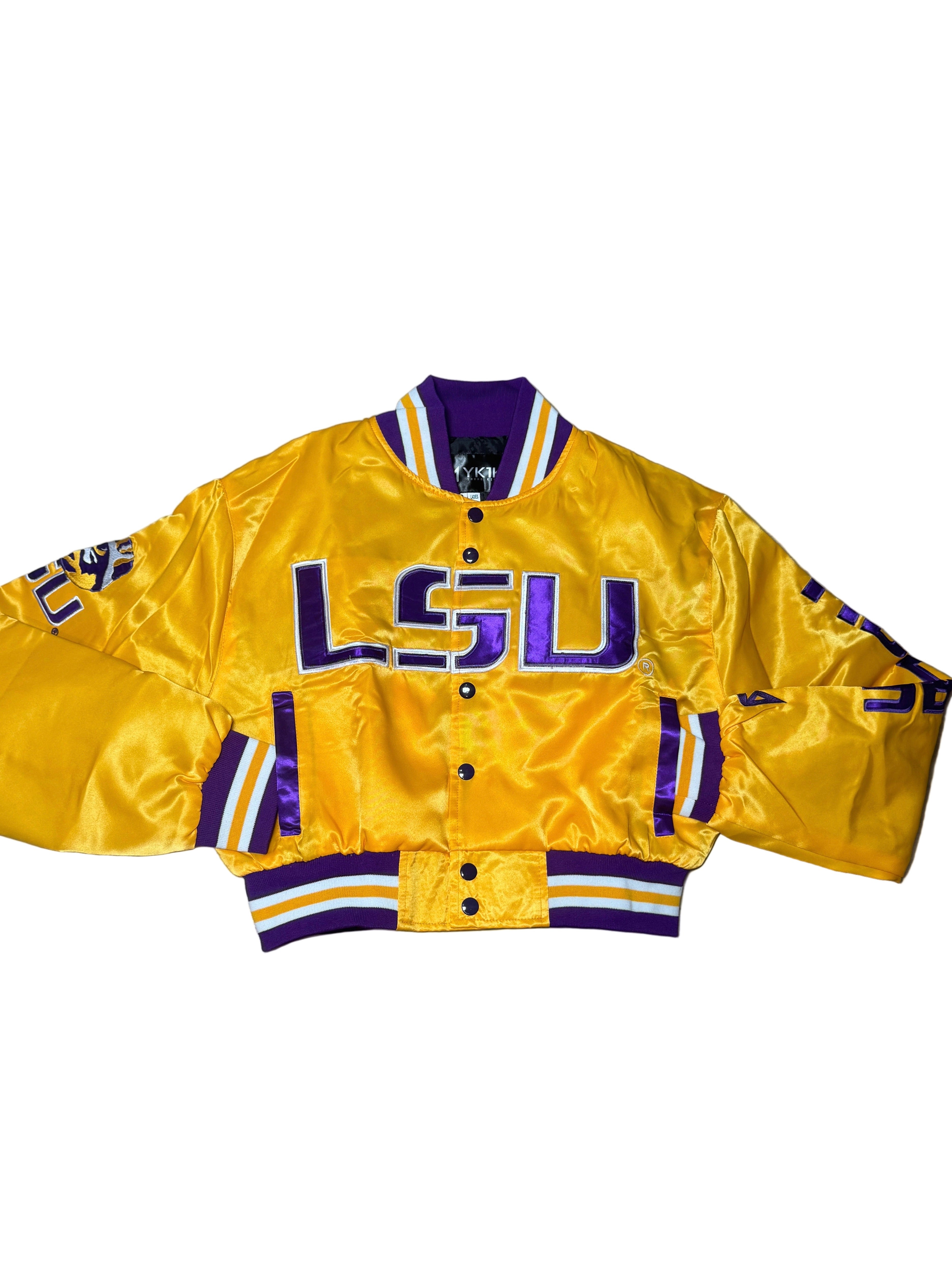 LSU YK1K SATIN VARSITY JACKET CROPPED  GOLD