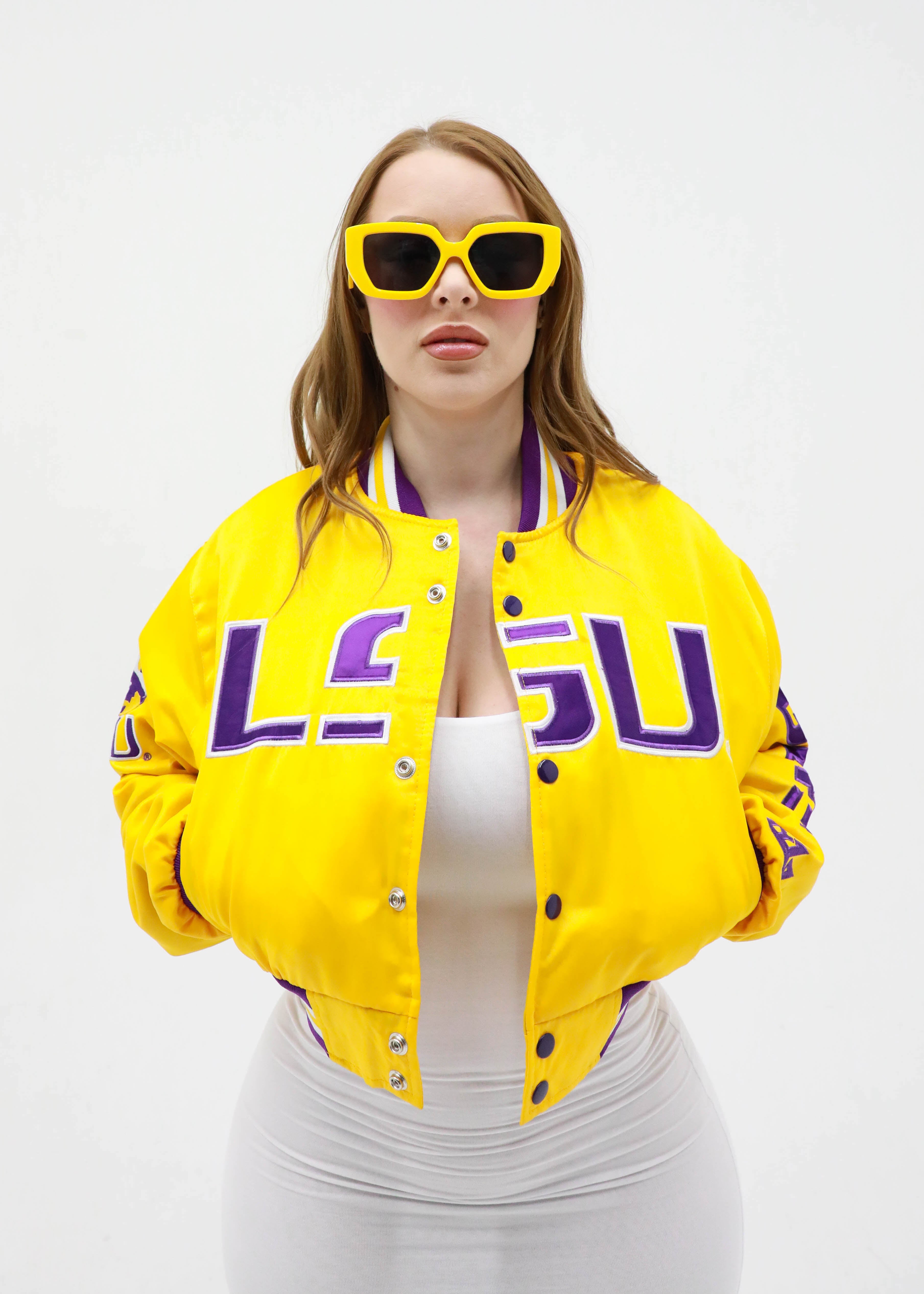 LSU YK1K SATIN VARSITY JACKET CROPPED  GOLD PREORDER
