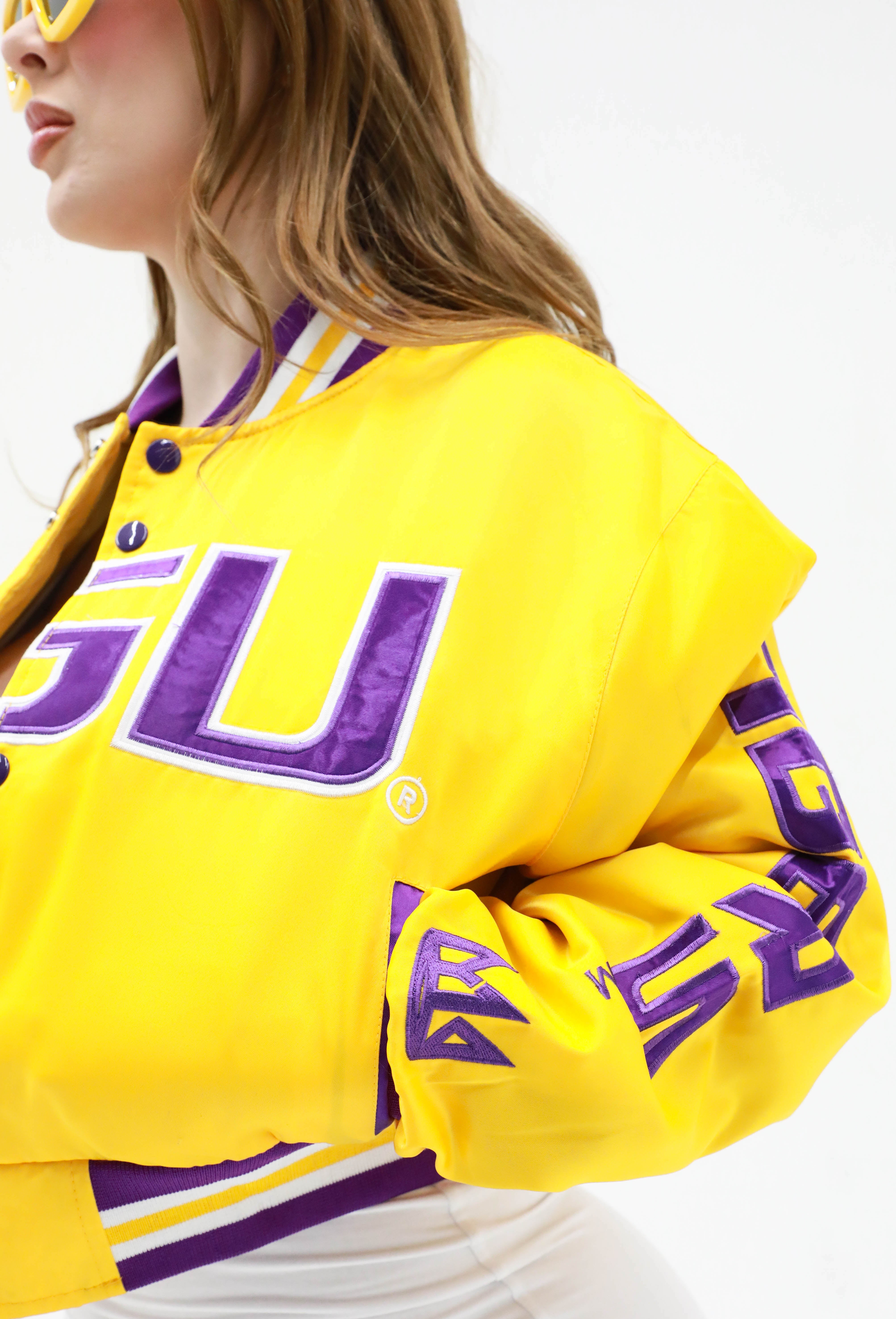LSU YK1K SATIN VARSITY JACKET CROPPED  GOLD PREORDER