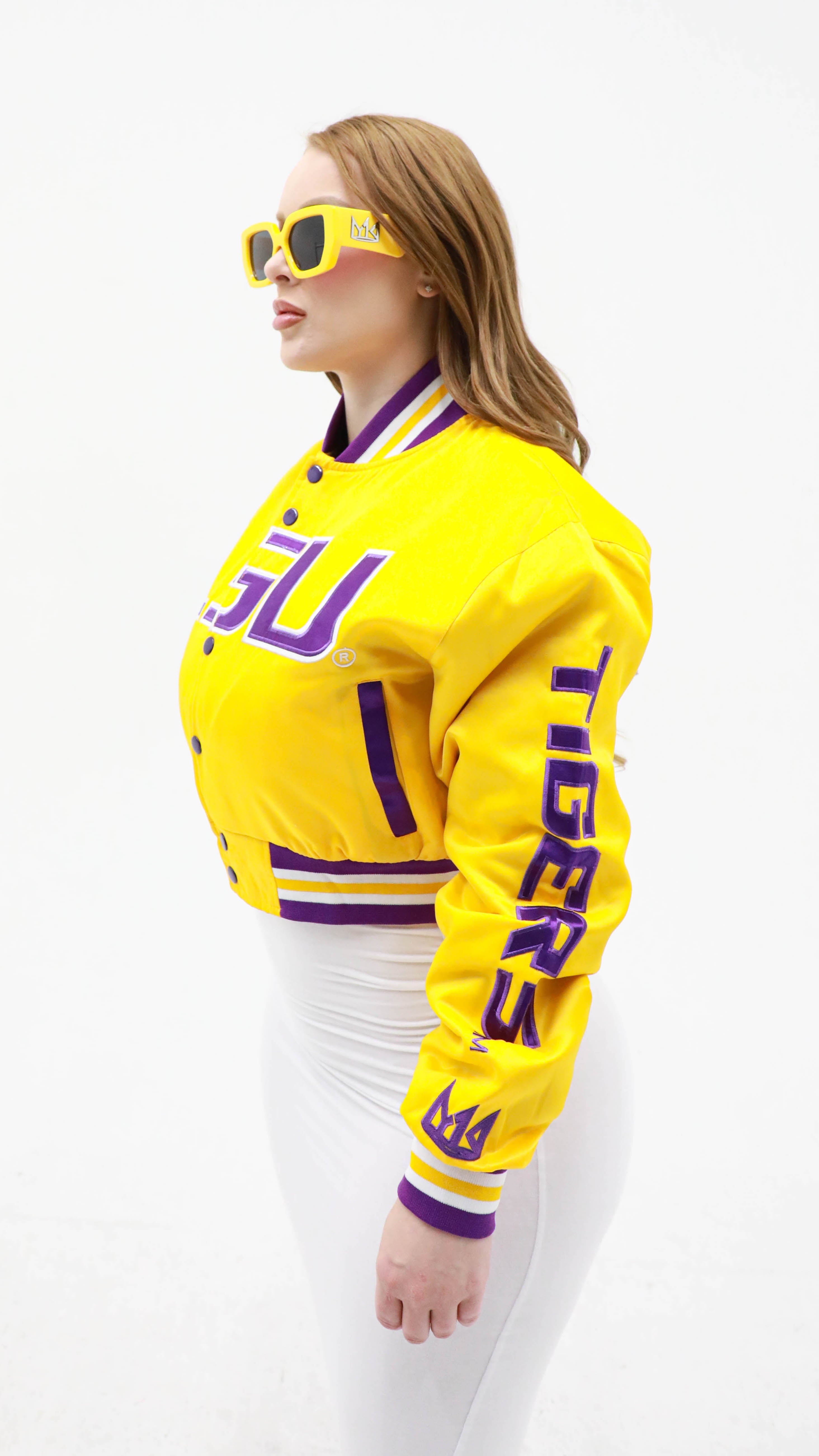 LSU YK1K SATIN VARSITY JACKET CROPPED  GOLD PREORDER