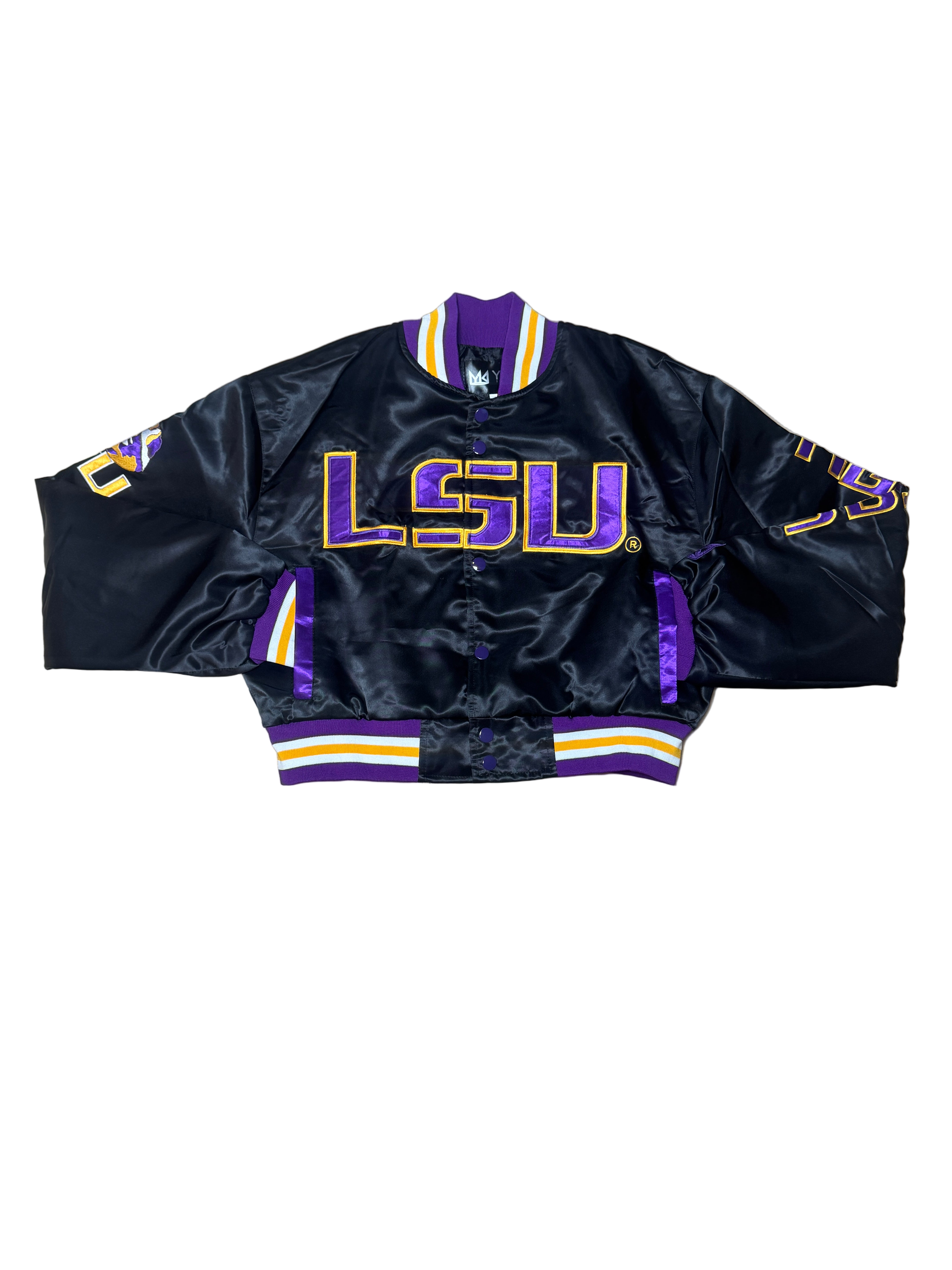 LSU YK1K SATIN VARSITY JACKET CROPPED   BLACK