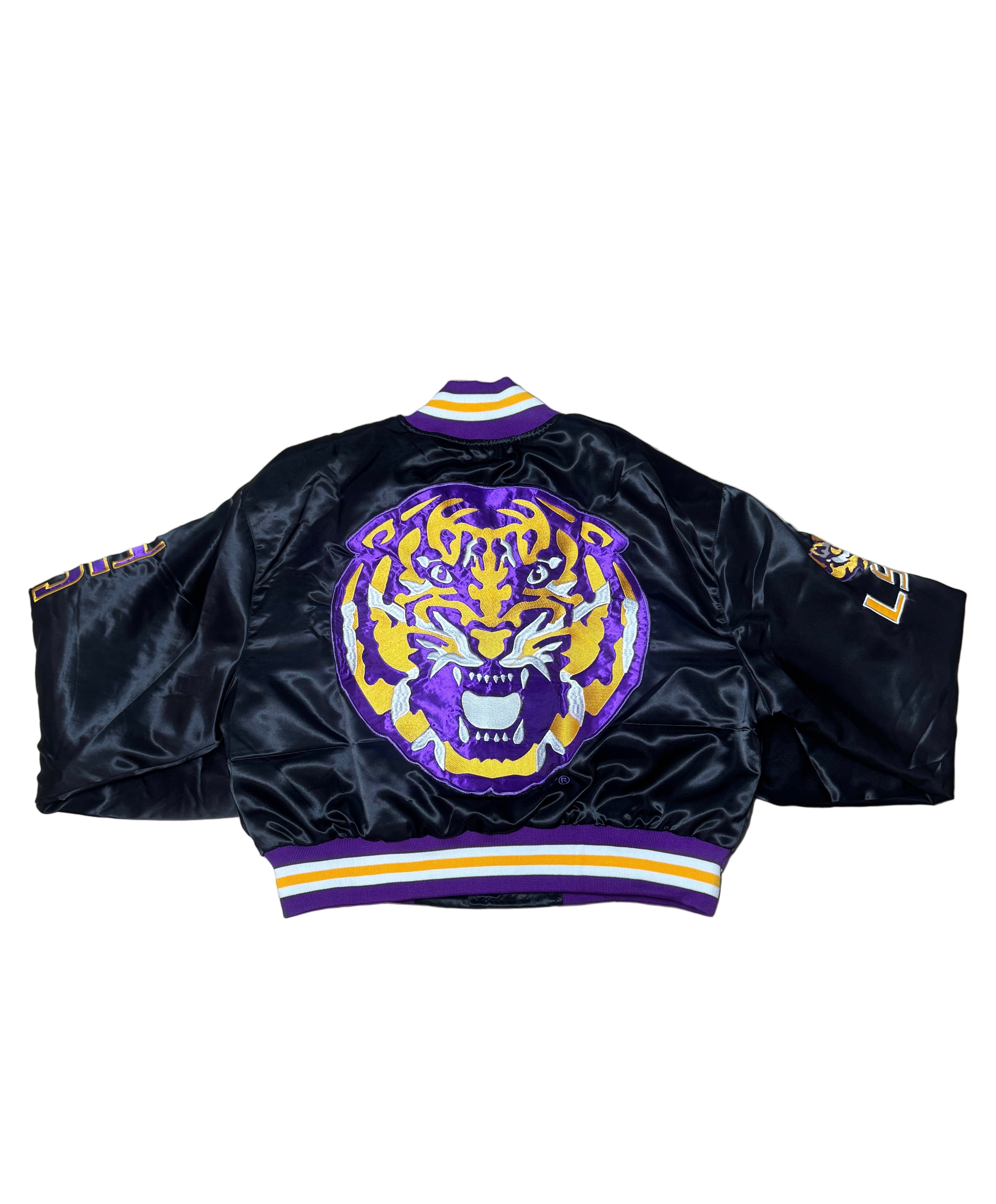 LSU YK1K SATIN VARSITY JACKET CROPPED   BLACK