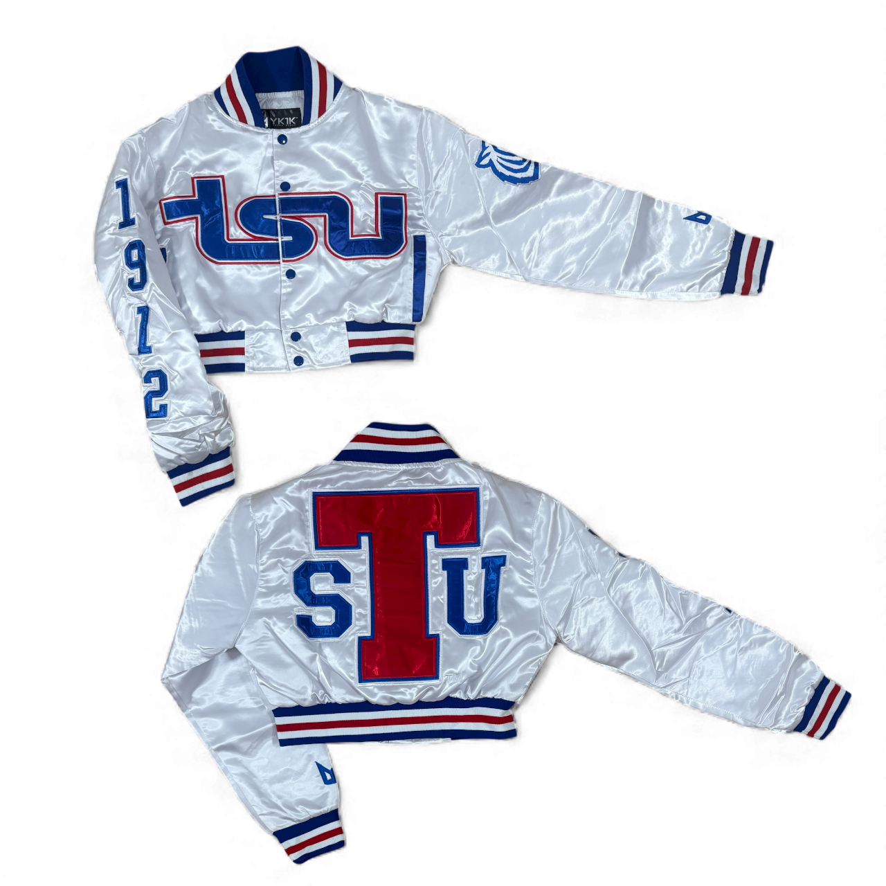 Tsu YK1K SATIN VARSITY JACKET CROPPED WHITE