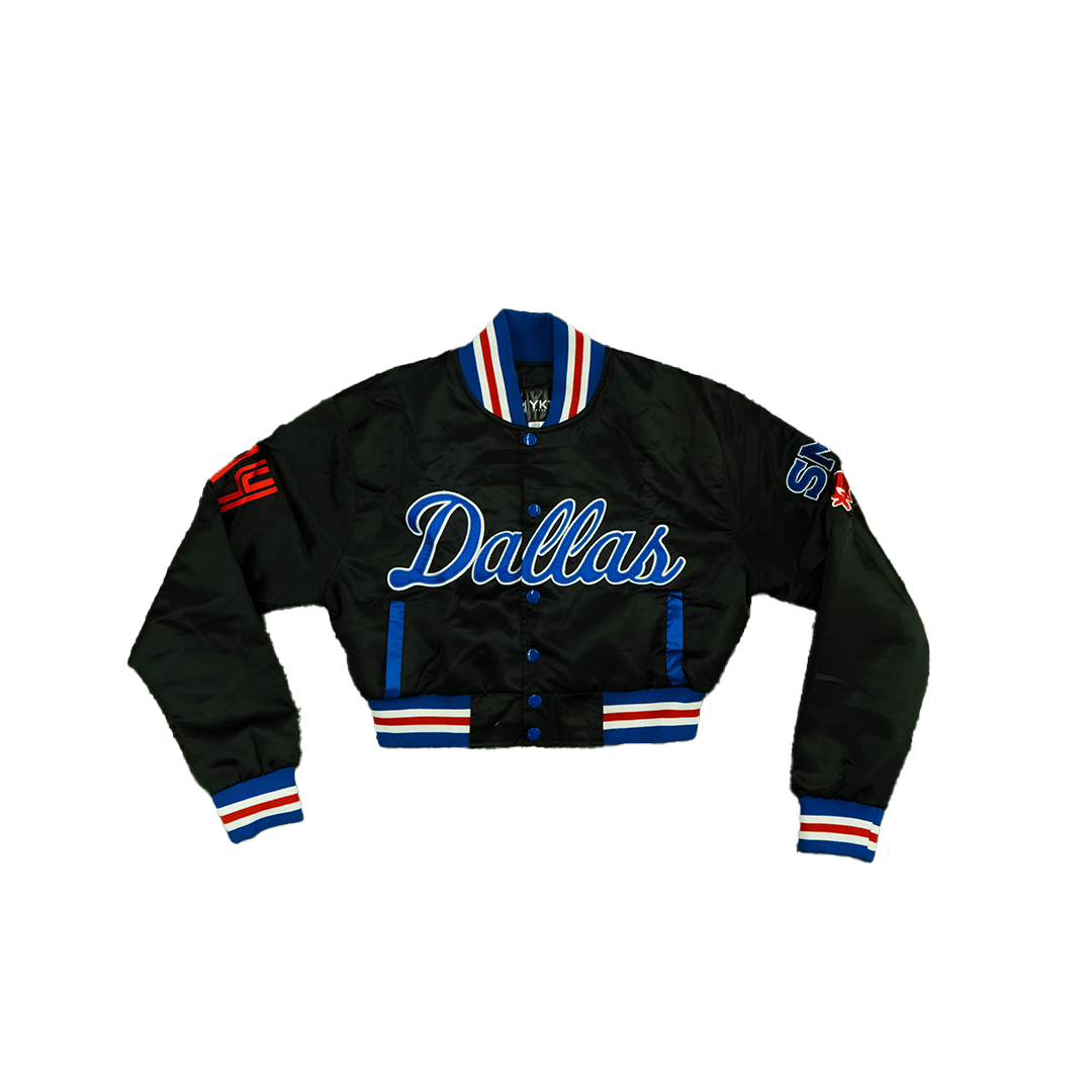 SMU/YK1K WOMENS SATIN CROPPED VARSITY JACKET BLACK PRE ORDER