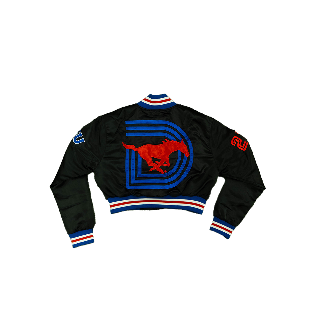 SMU/YK1K WOMENS SATIN CROPPED VARSITY JACKET BLACK PRE ORDER