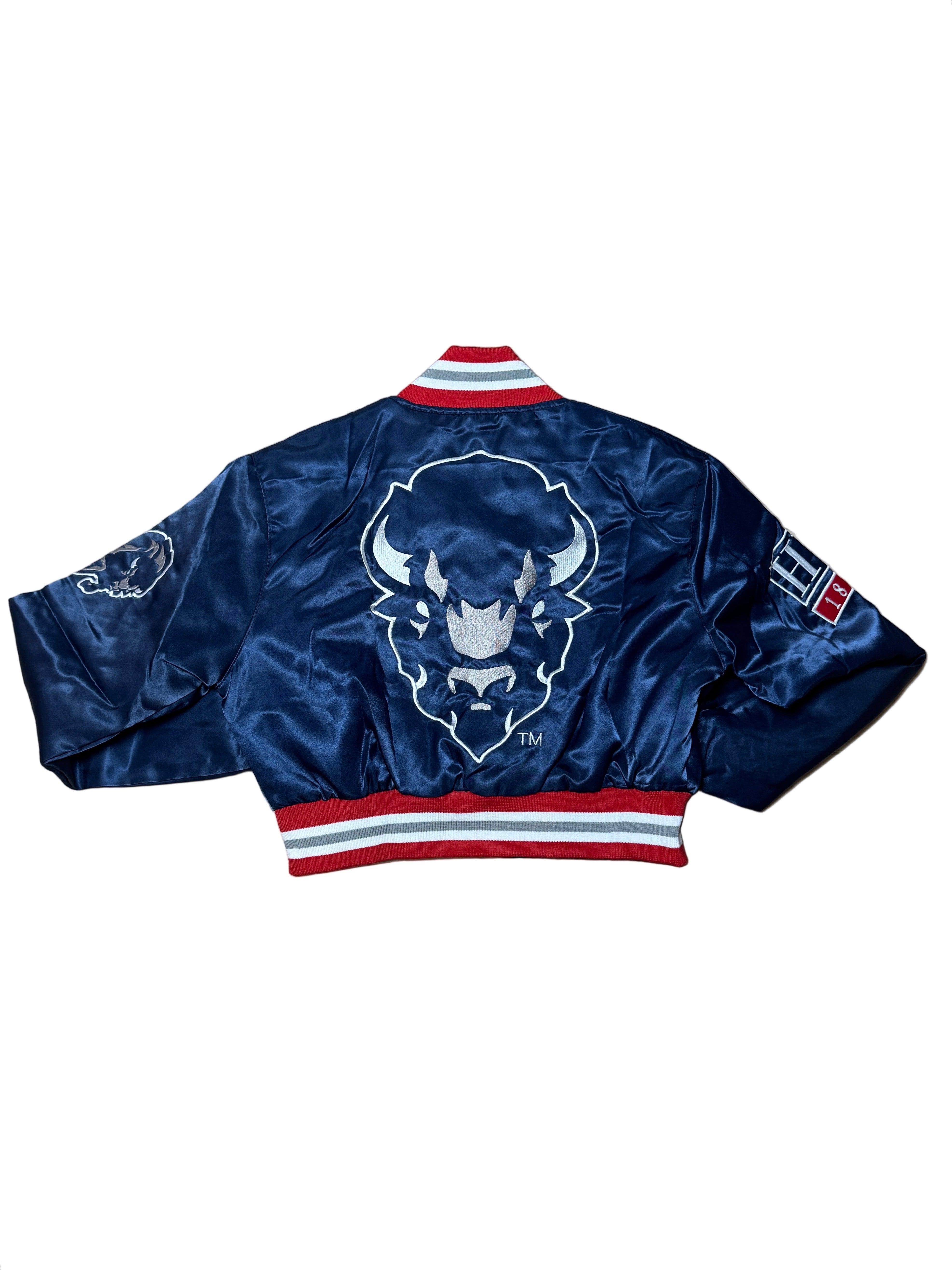 HOWARD YK1K SATIN VARSITY JACKET CROPPED NAVY