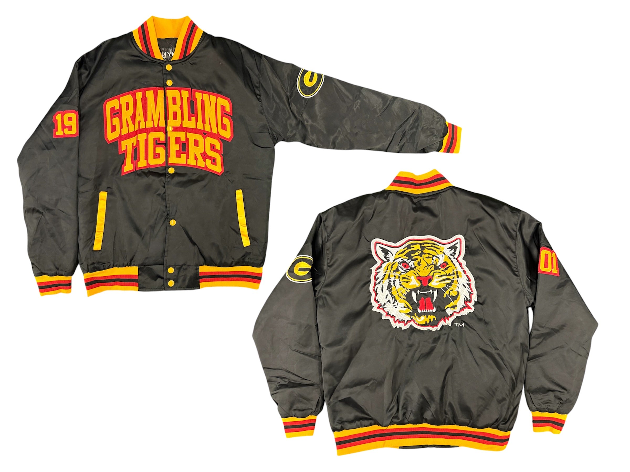 GRAMBLING UNIVERSITY YK1K SATIN VARSITY JACKET BLACK PRE ORDER