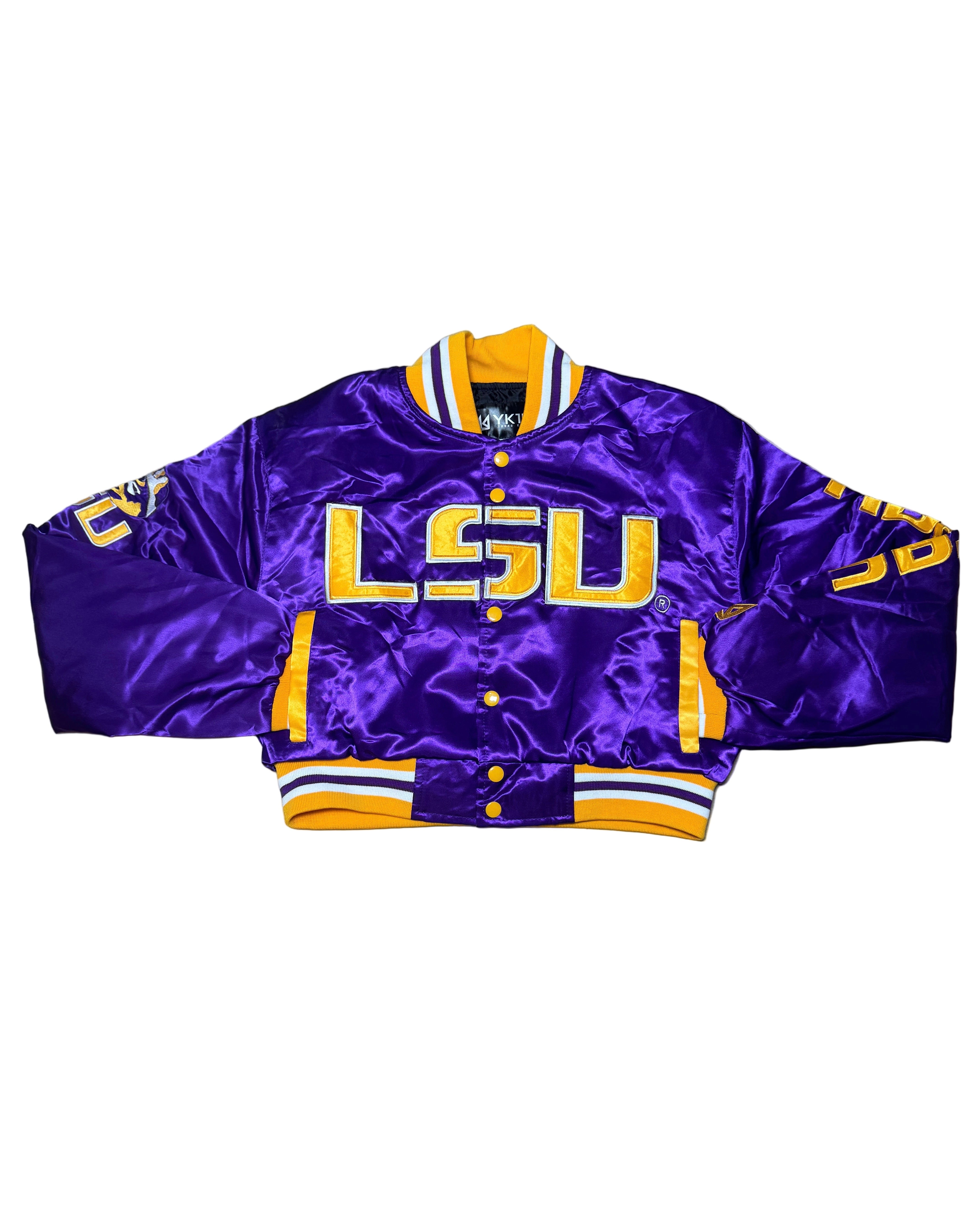LSU YK1K SATIN VARSITY JACKET CROPPED   PURPLE