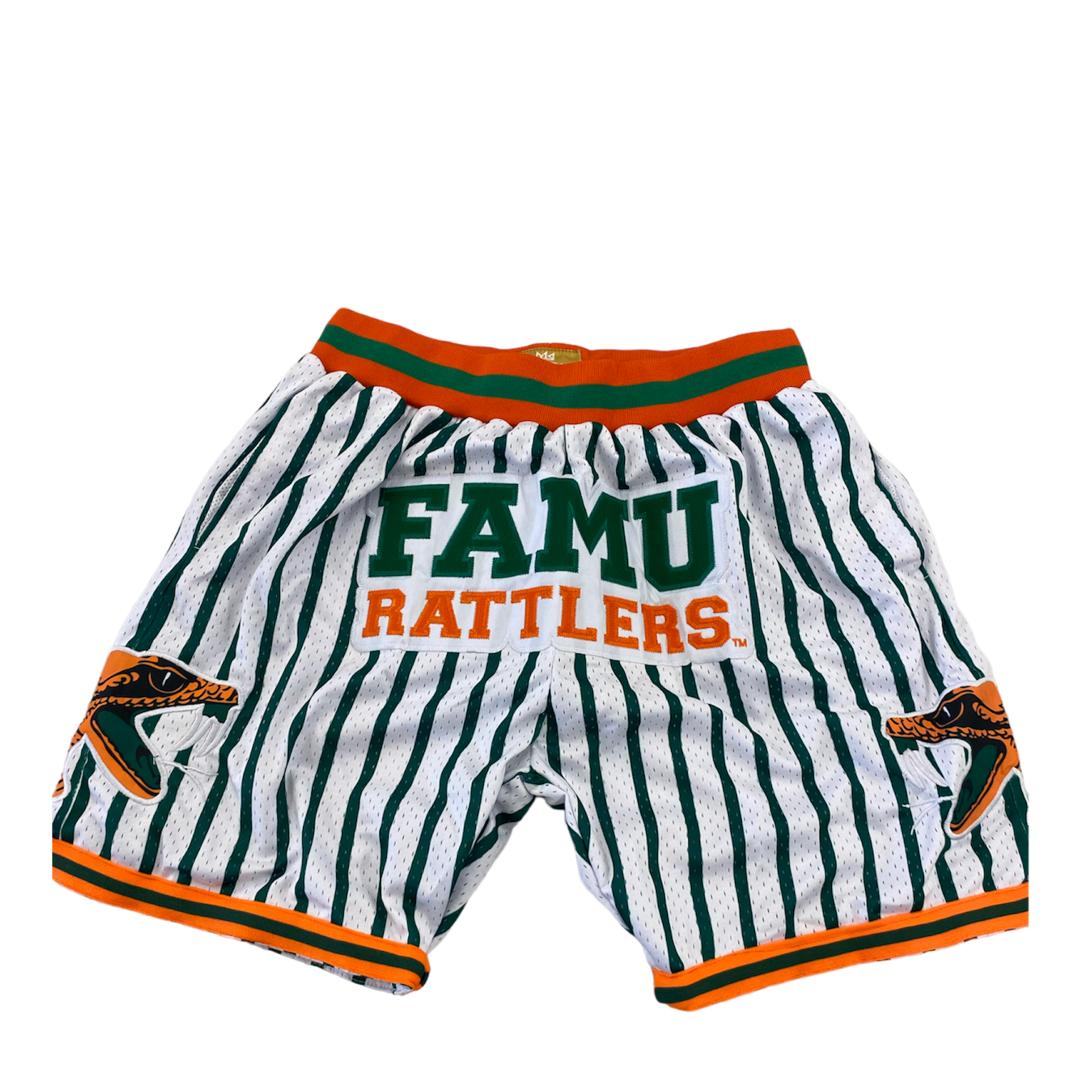 FAMU BASKETBALL SHORTS WHITE GREEN PINSTRIPES