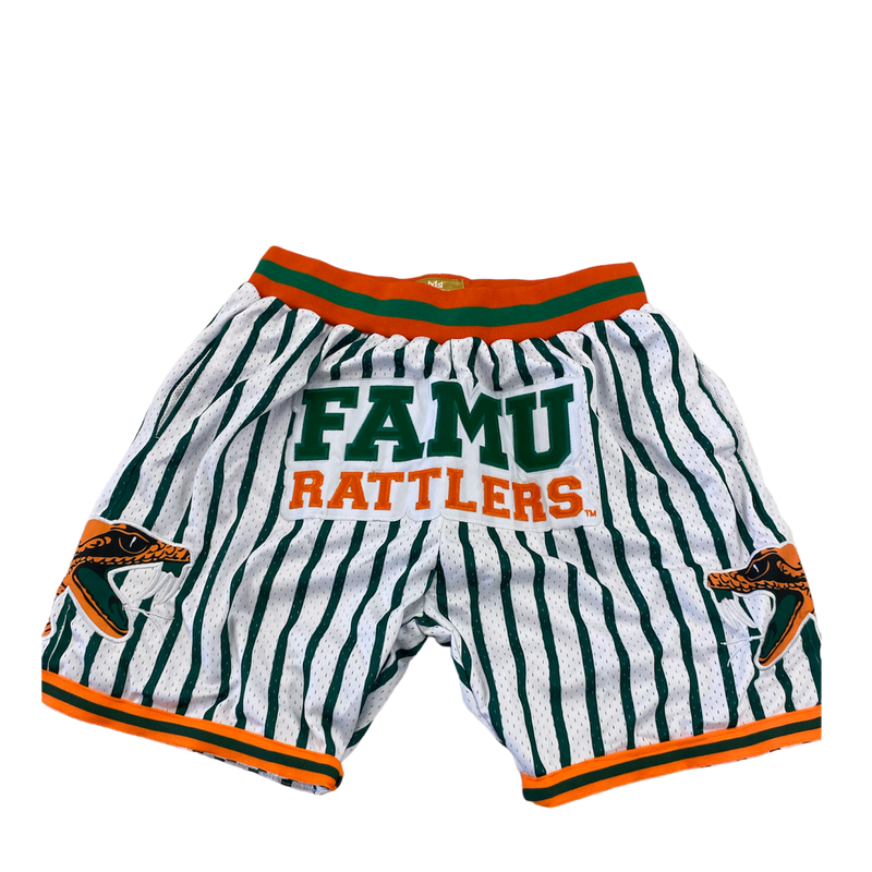 ) FAMU BASKETBALL SHORTS WHITE GREEN PINSTRIPES
