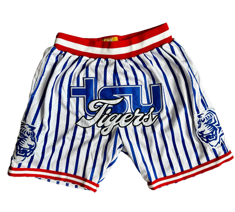 TSU TIGER BASKETBALL SHORTS NEW LOGO WHITE/BLUE PINSTRIPES