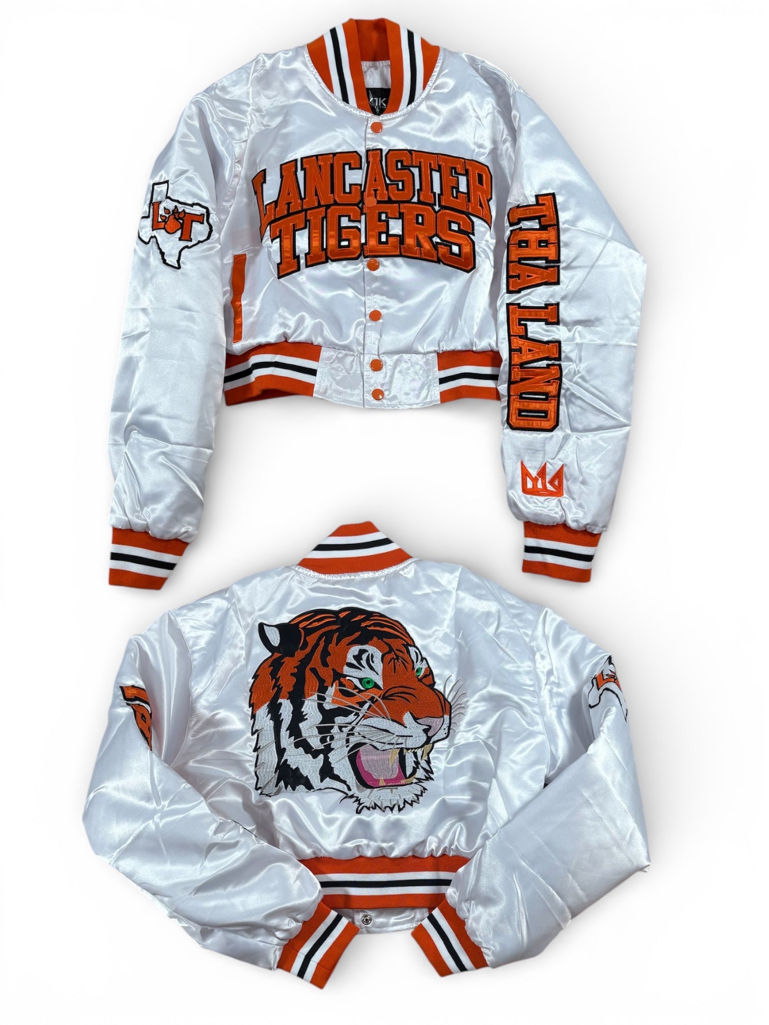 White Lancaster YK1K SATIN VARSITY JACKET CROPPED