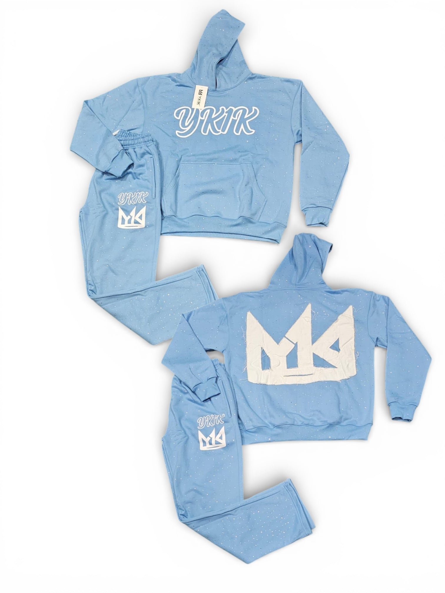 YK1K WINTER 26 OVERSIZED HOODIE STACKED PANTS SWEATSUIT BLUE Bedizzed