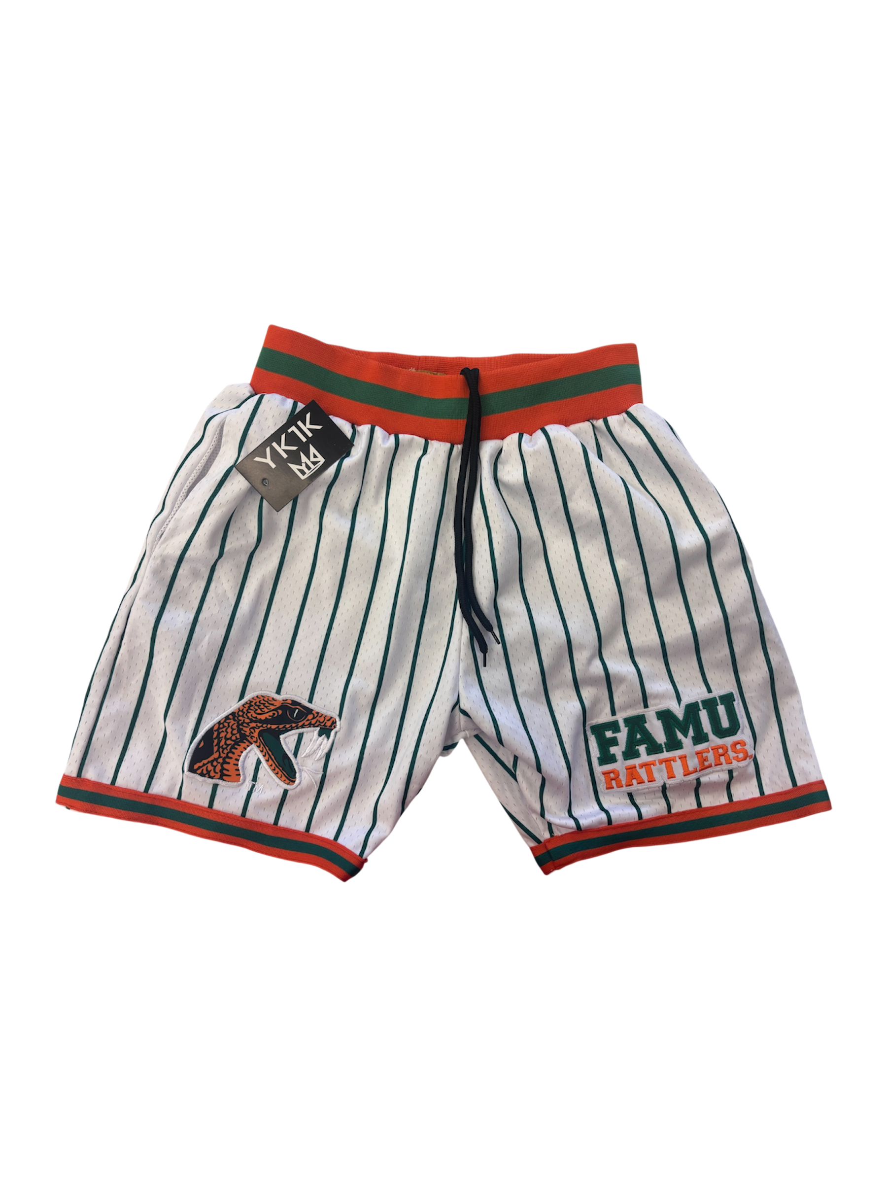 FAMU BASKETBALL SHORTS WHITE GREEN PINSTRIPES