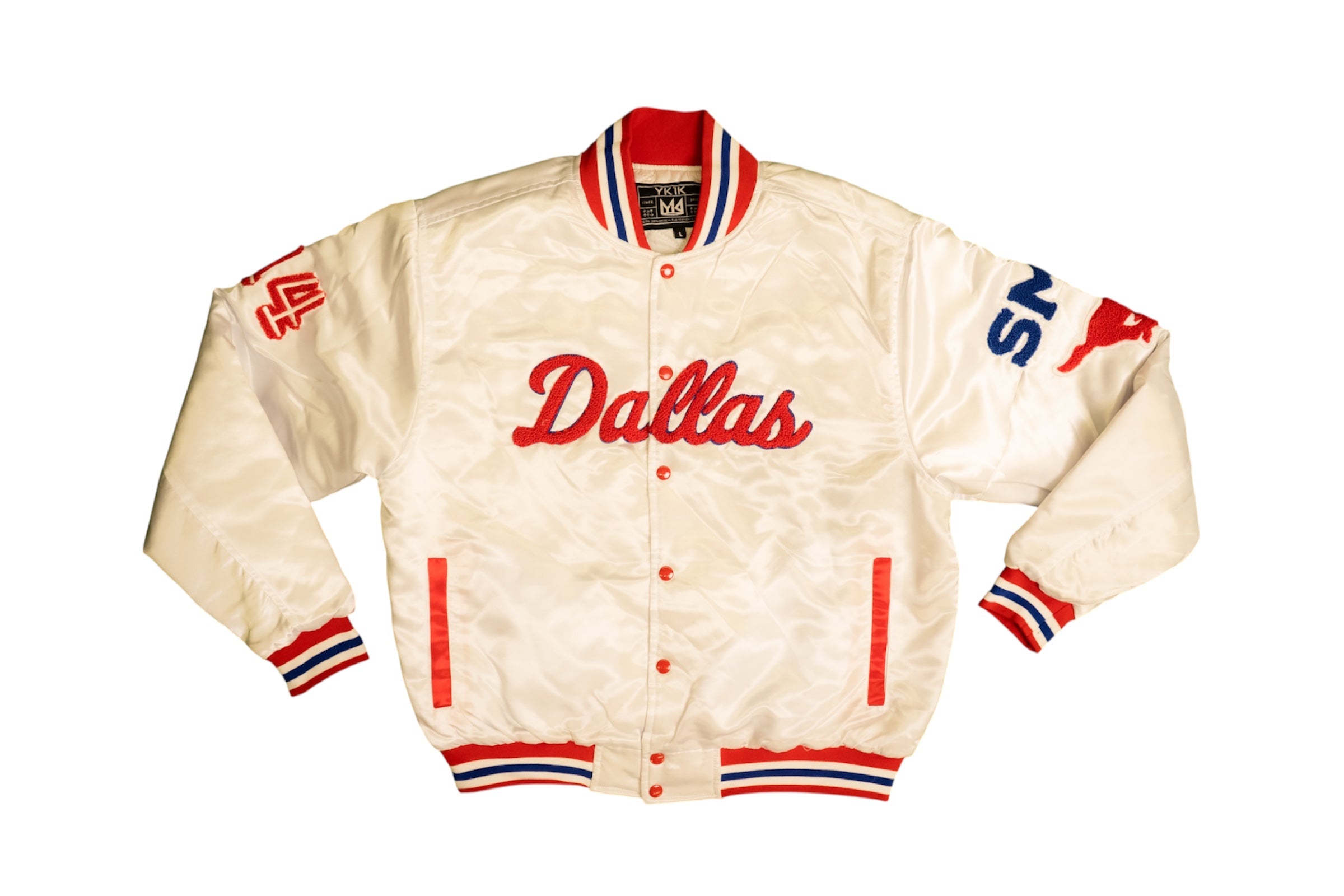 Smu/ YK1K SATIN VARSITY JACKET White with Red Trim