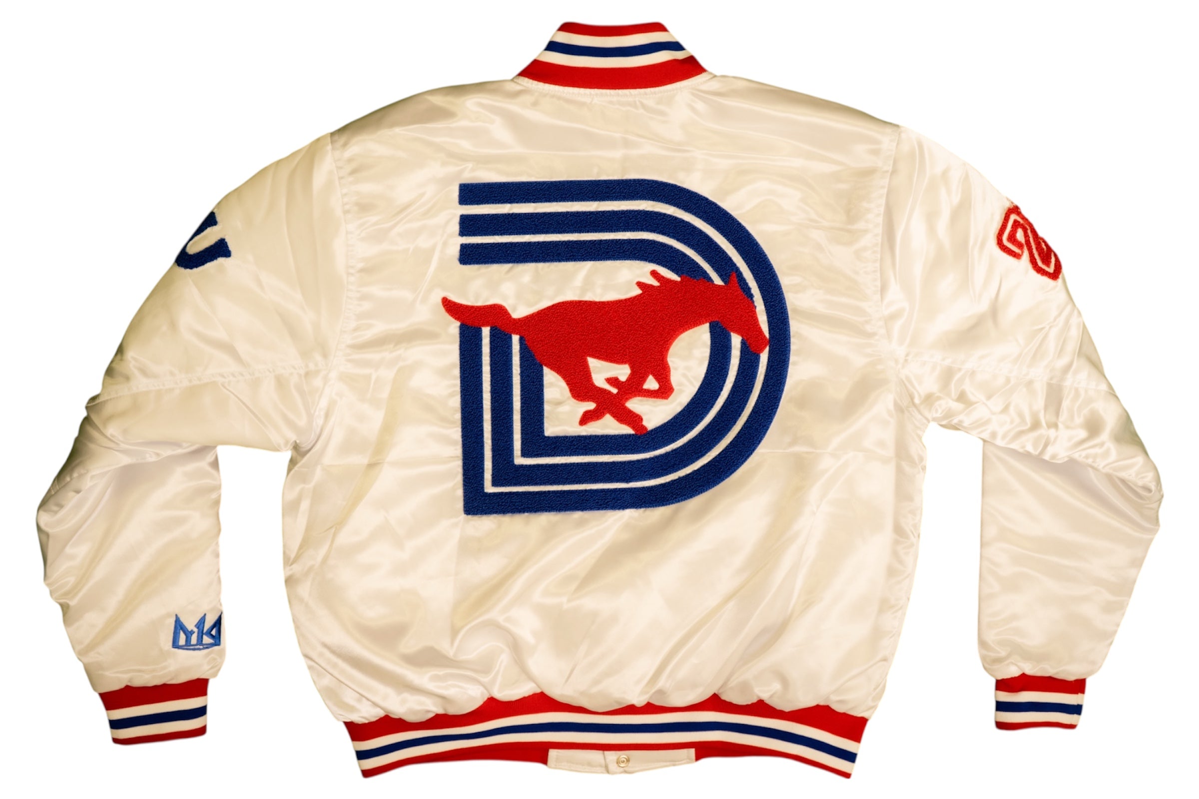 Smu/ YK1K SATIN VARSITY JACKET White with Red Trim