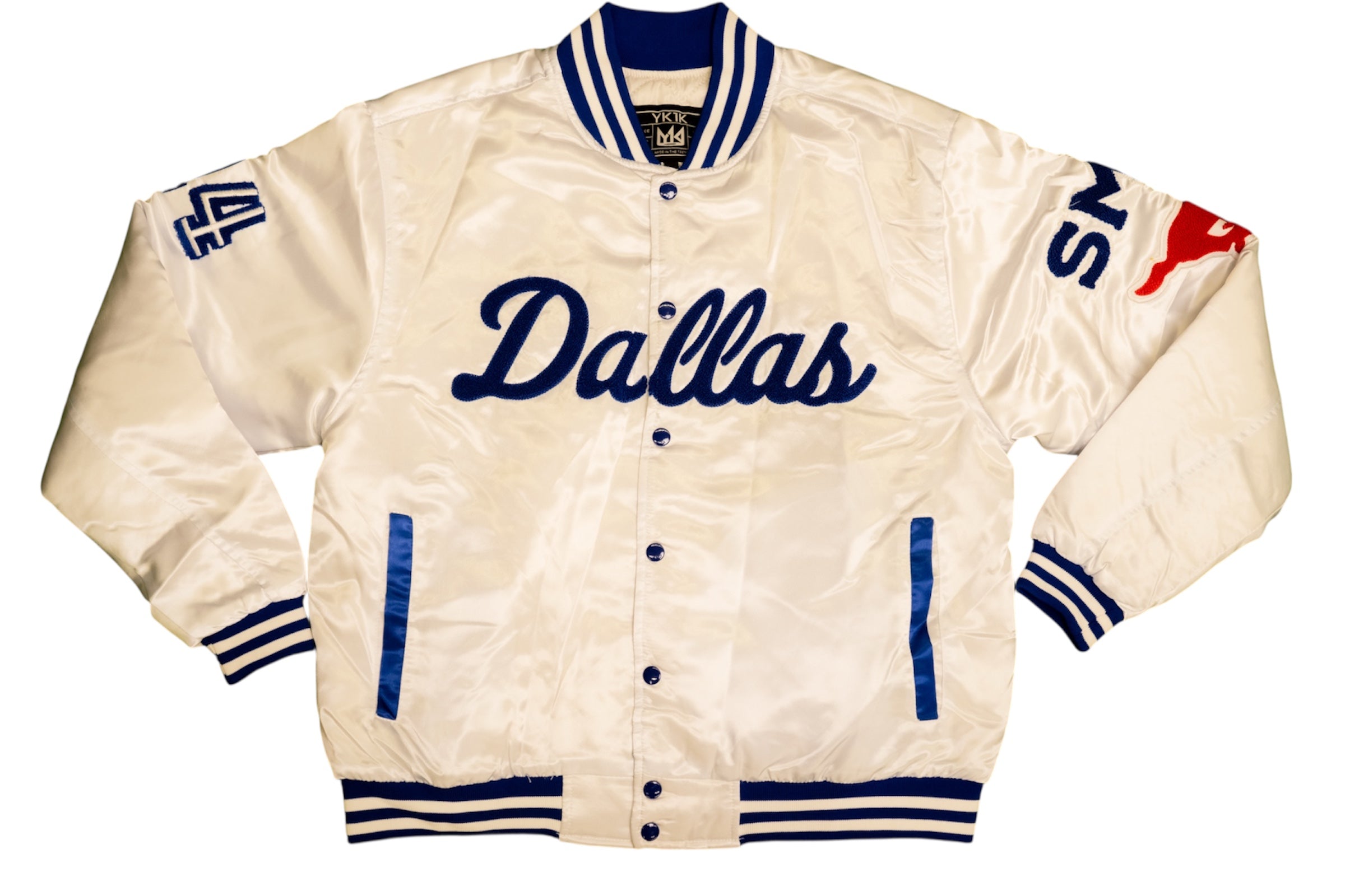 Smu/ YK1K SATIN VARSITY JACKET White with Blue Trim