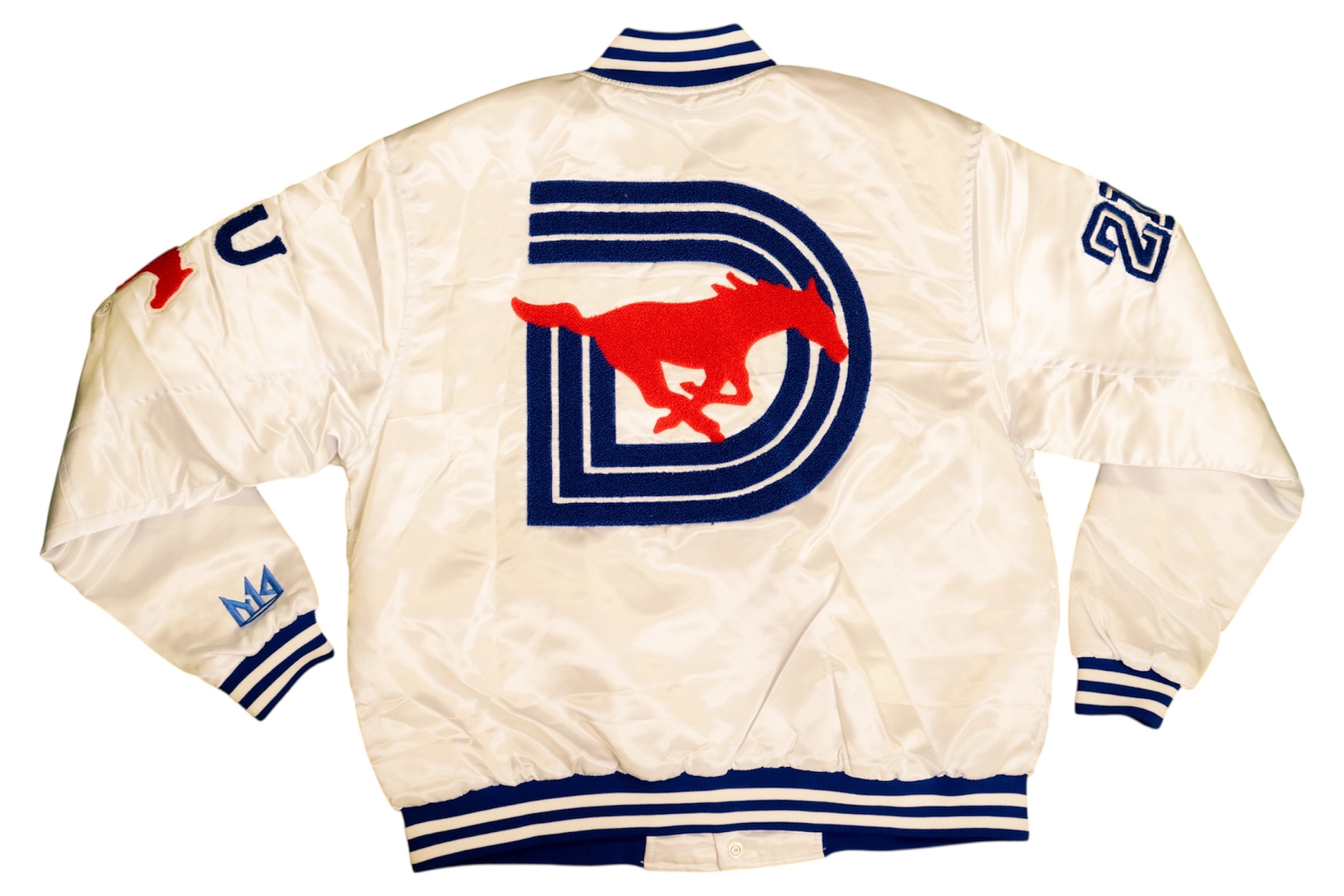 Smu/ YK1K SATIN VARSITY JACKET White with Blue Trim