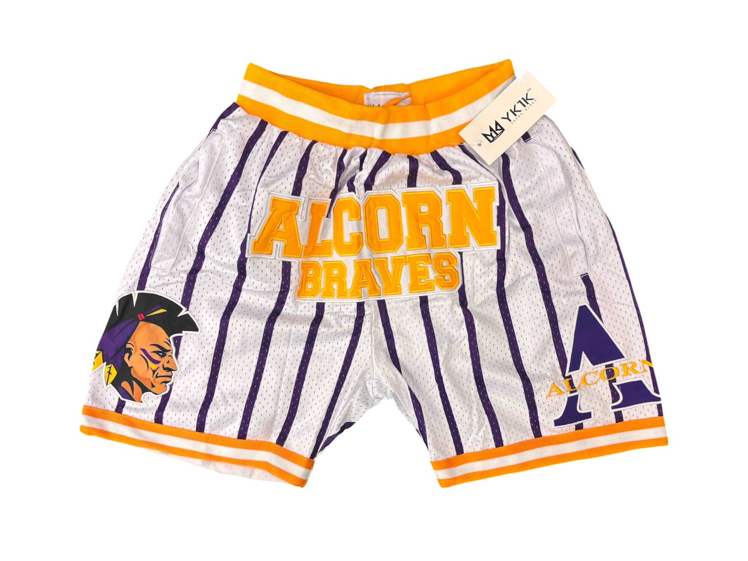 Alcorn BASKETBALL SHORTS White with Purple pinstripes