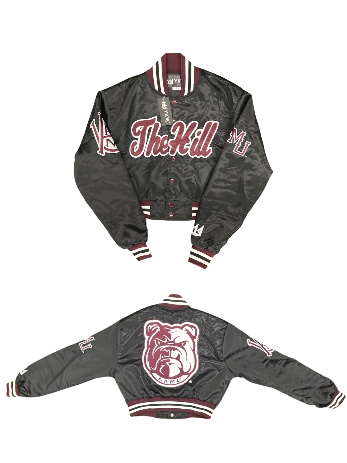 ALABAMA A&M YK1K SATIN VARSITY JACKET  BLACK CROPPED