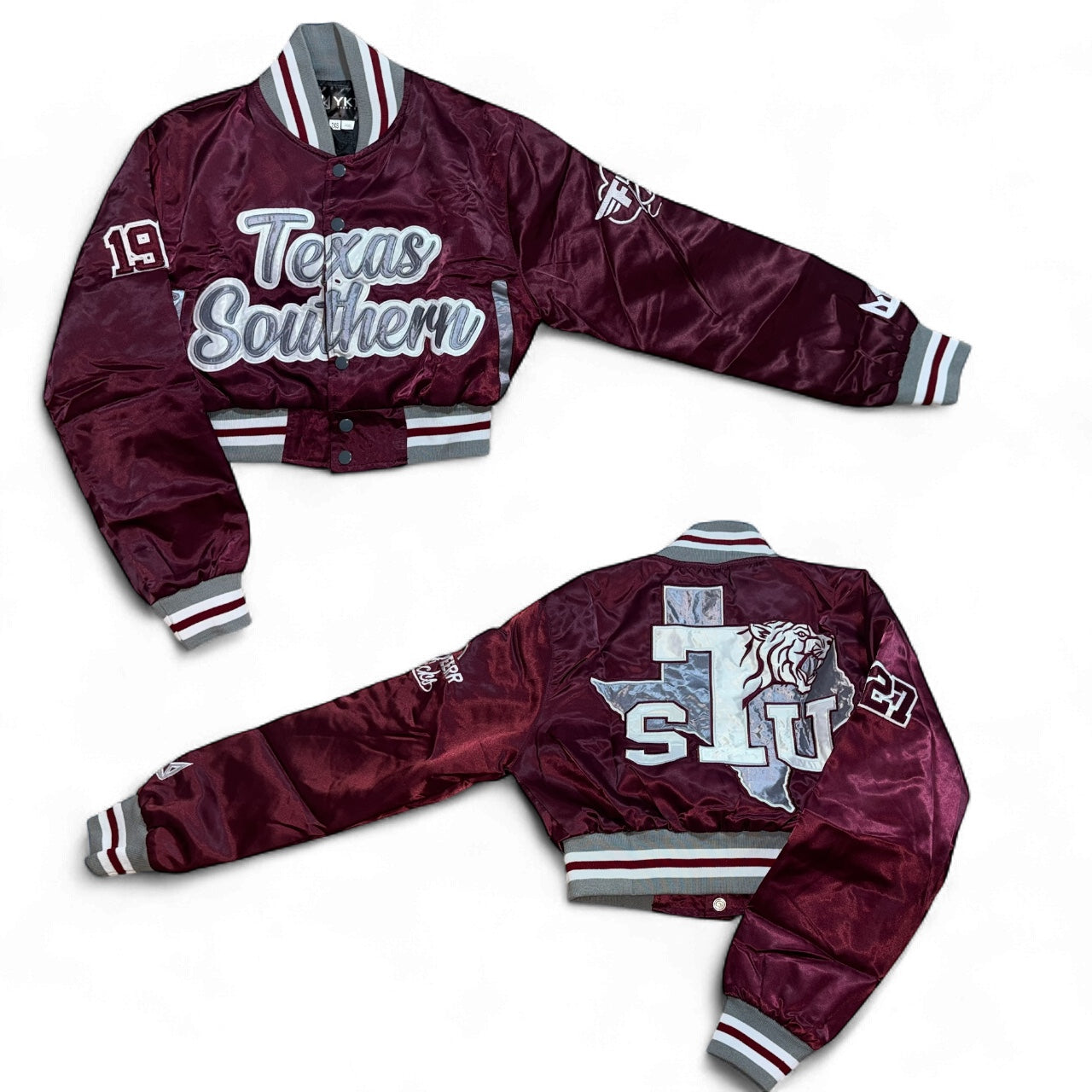TEXAS SOUTHERN UNIVERSITY YK1K SATIN VARSITY JACKET CROPPED MAROON