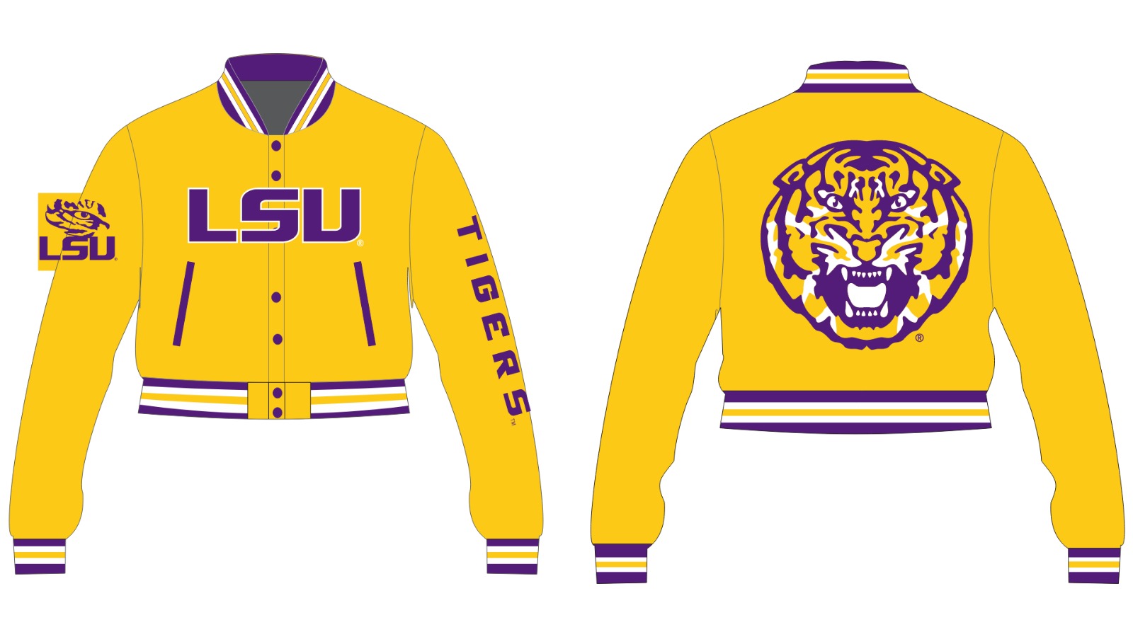 LSU YK1K SATIN VARSITY JACKET CROPPED  GOLD PREORDER