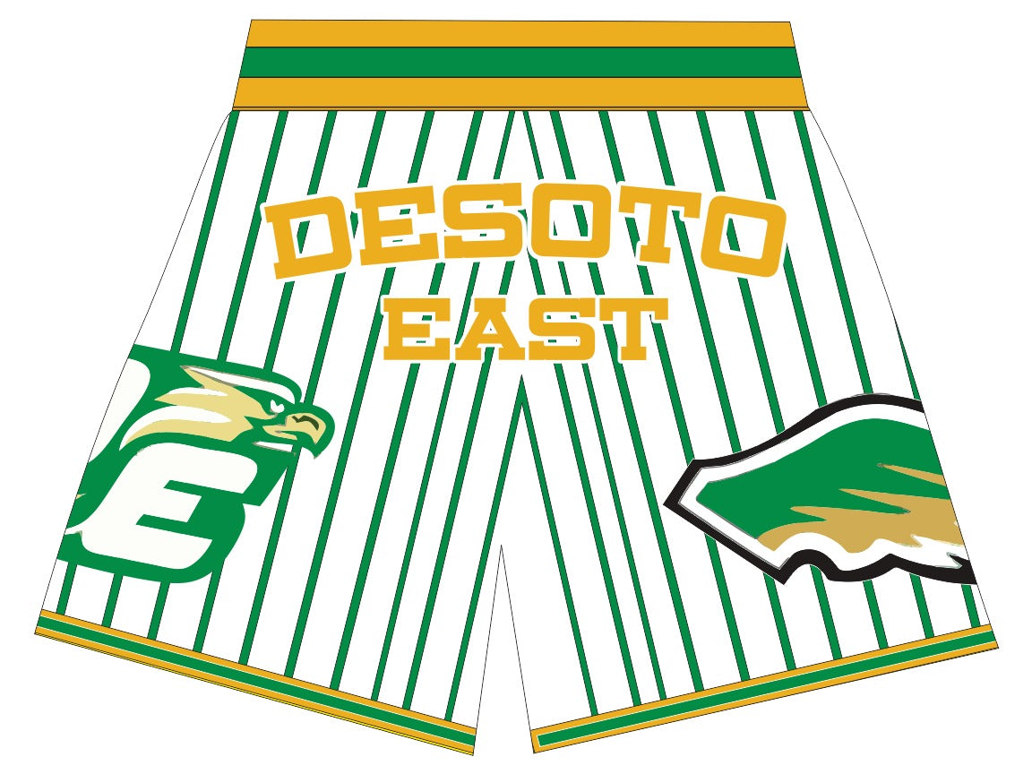 DESOTO EAST  BASKETBALL SHORTS WHITE GREEN PINSTRIPES PRE-ORDER